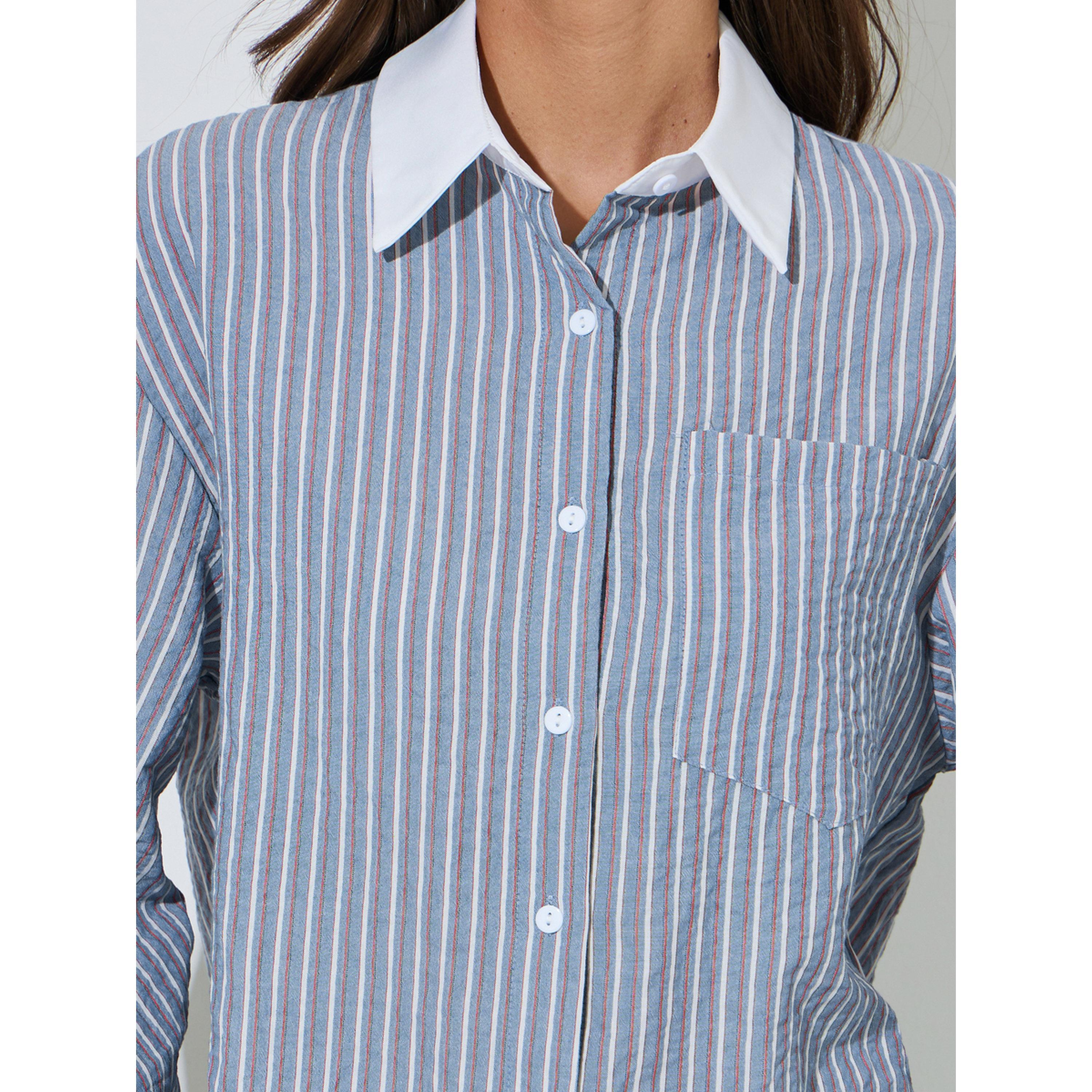 ستايلي - قميص  أزرق مخطط بياقة متباينة وأكمام طويلة وقصة واسعة-women-clothing-shirtsandblouses-shirts-image-6