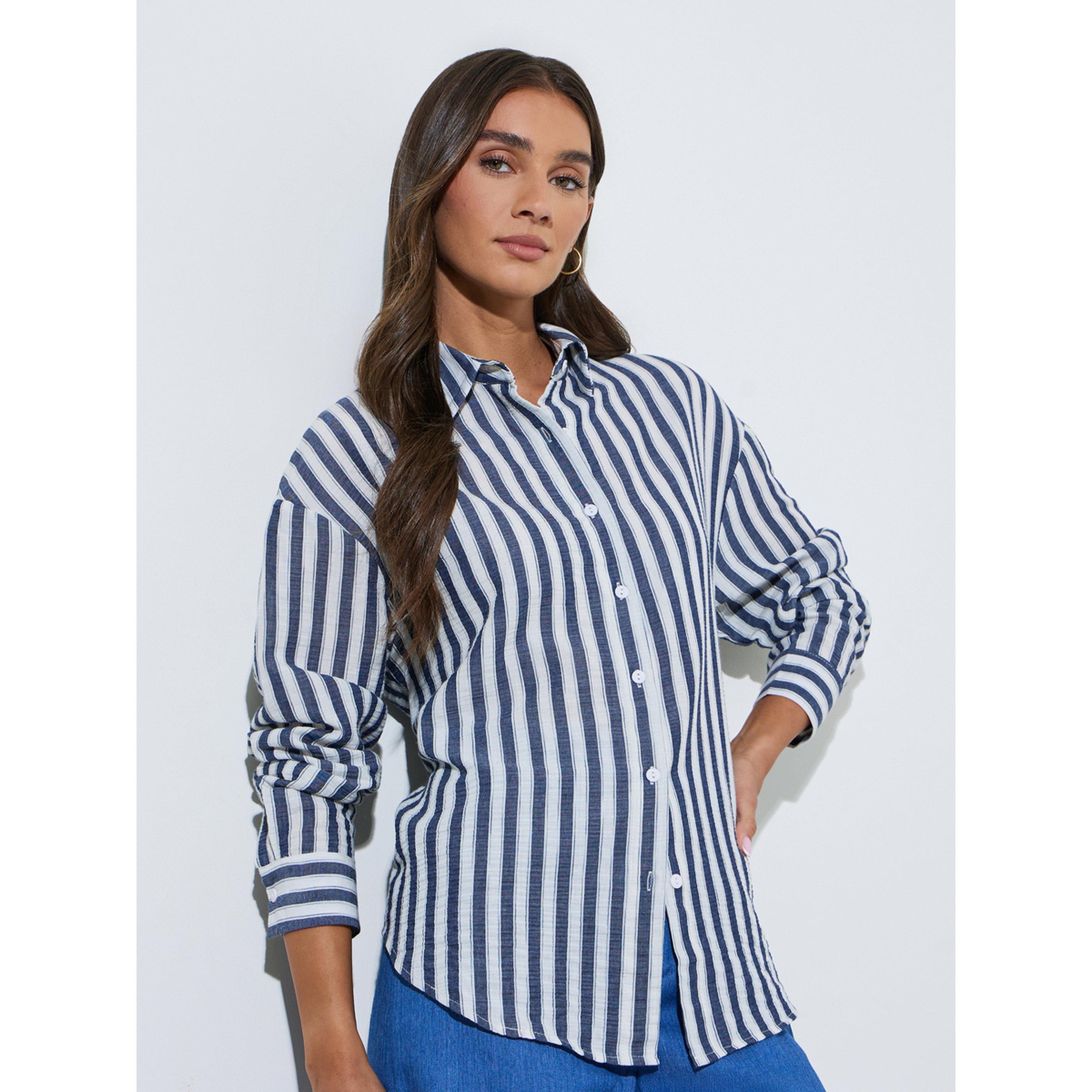 ستايلي - قميص  طويل مخطط باللون الأزرق الداكن بقصة واسعة-women-clothing-shirtsandblouses-shirts-image-1