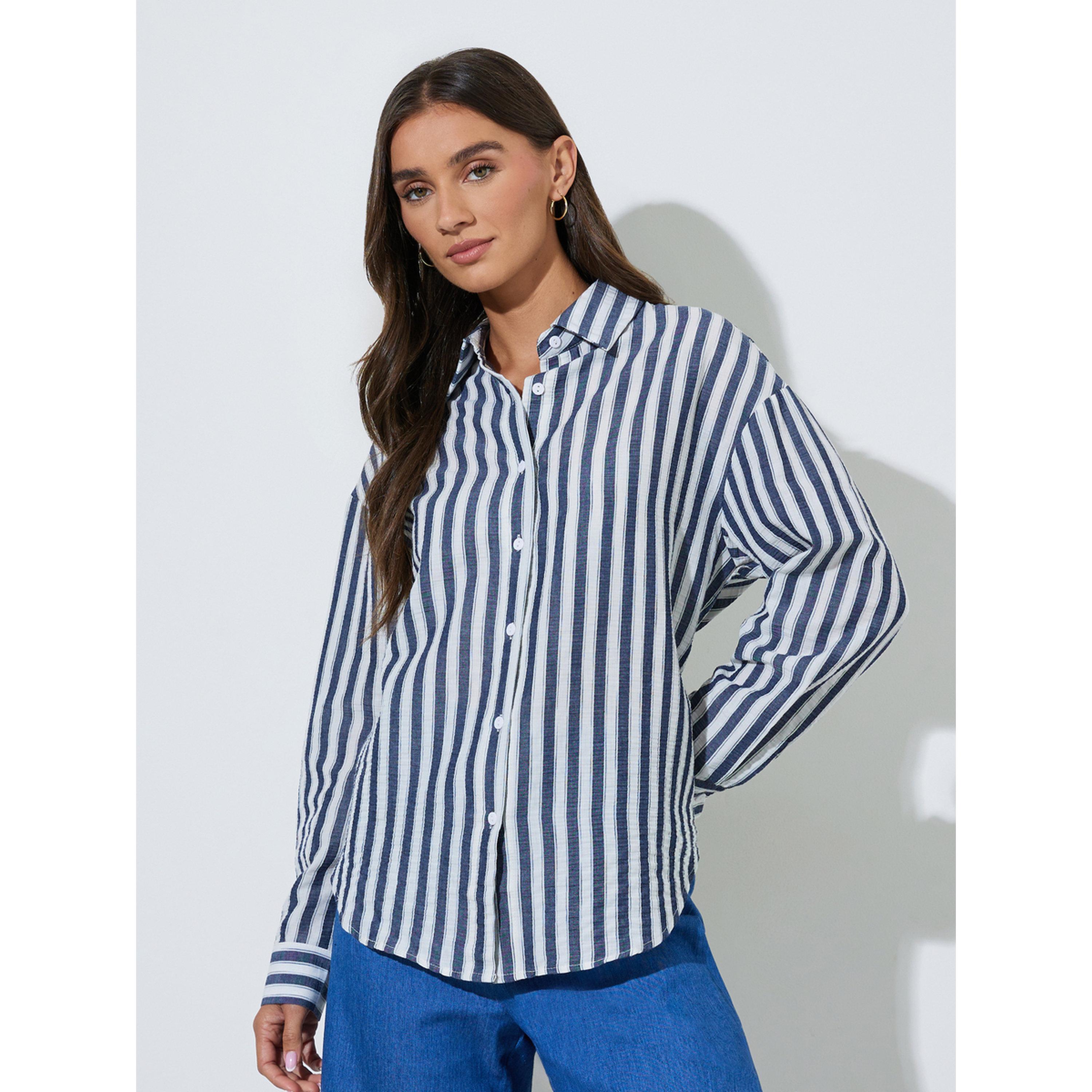 ستايلي - قميص  طويل مخطط باللون الأزرق الداكن بقصة واسعة-women-clothing-shirtsandblouses-shirts-image-3