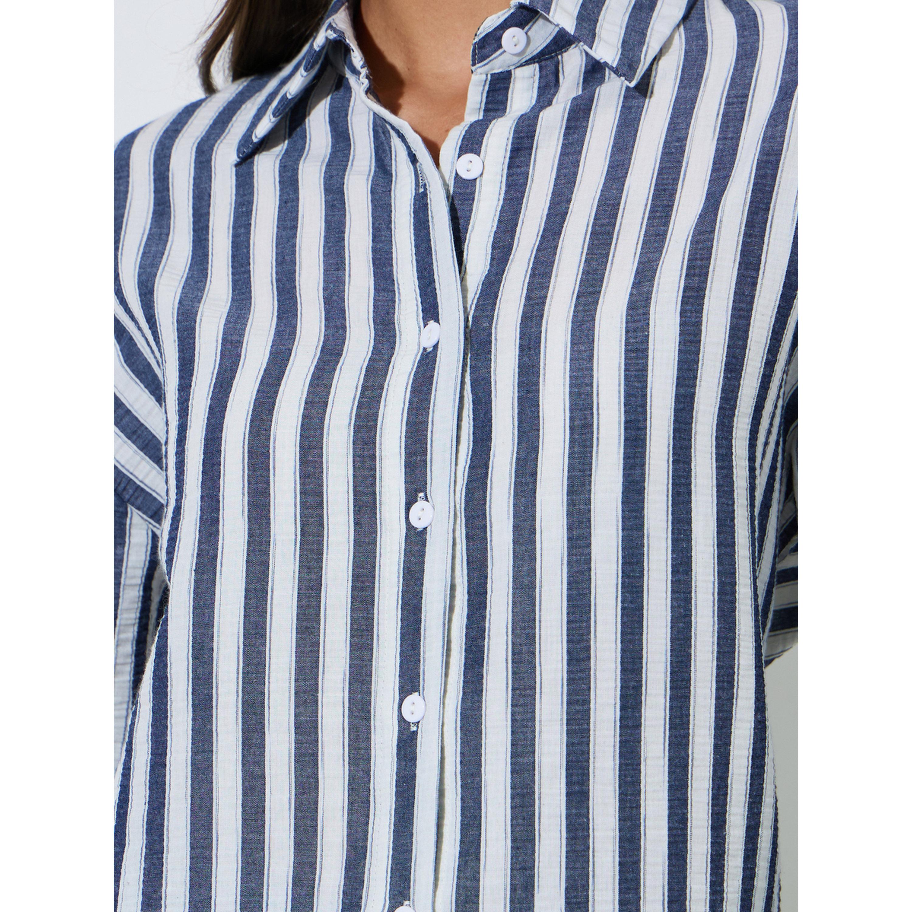 ستايلي - قميص  طويل مخطط باللون الأزرق الداكن بقصة واسعة-women-clothing-shirtsandblouses-shirts-image-5