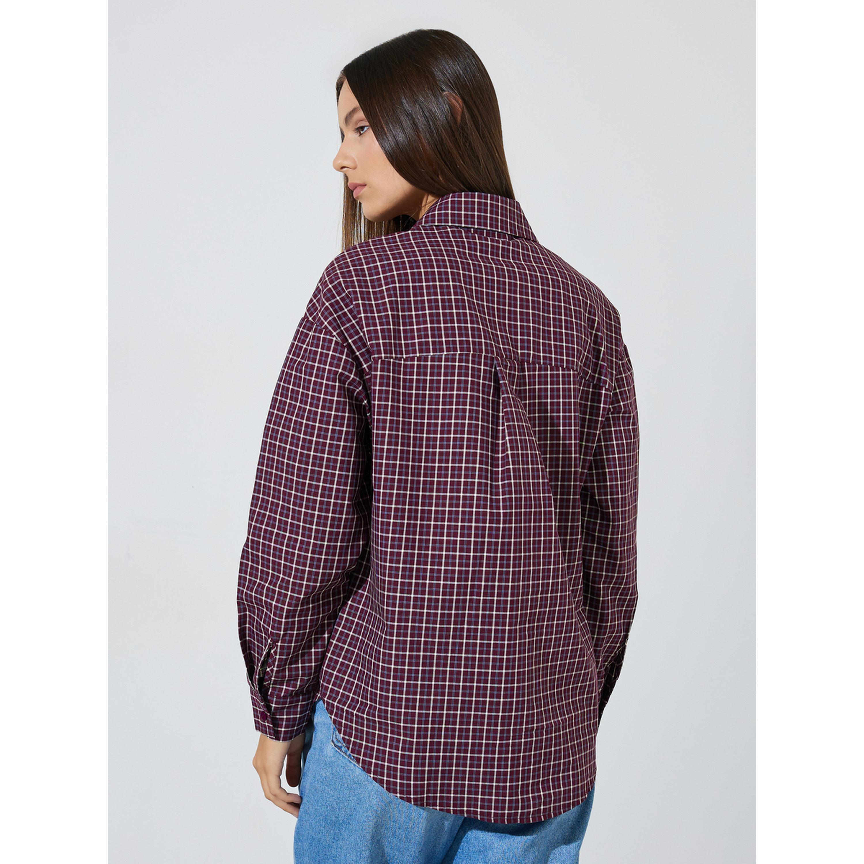 ستايلي - قميص طويل واسع بنقشة مربعات باللون العنابي-women-clothing-shirtsandblouses-shirts-image-4