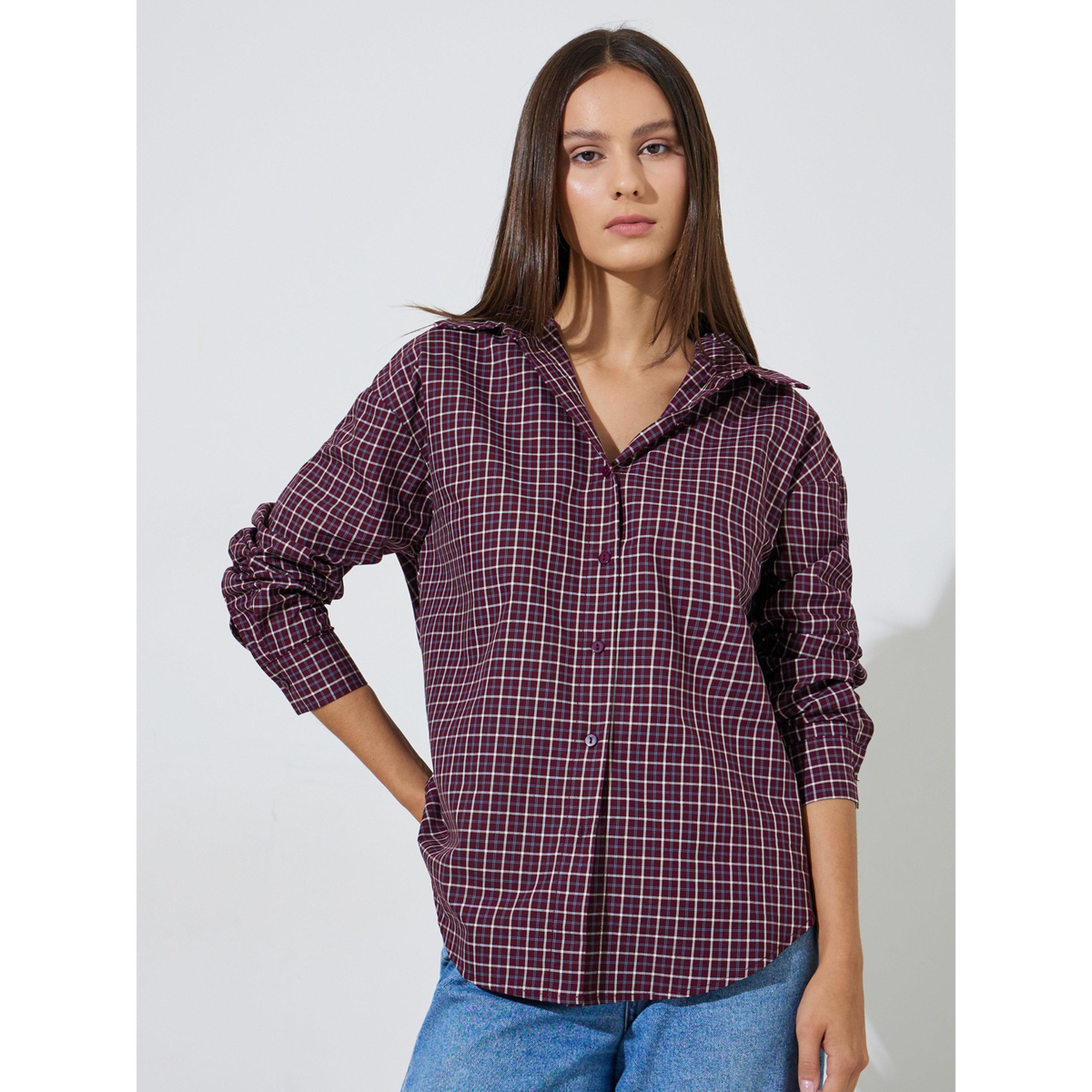 ستايلي - قميص طويل واسع بنقشة مربعات باللون العنابي-women-clothing-shirtsandblouses-shirts-image-5
