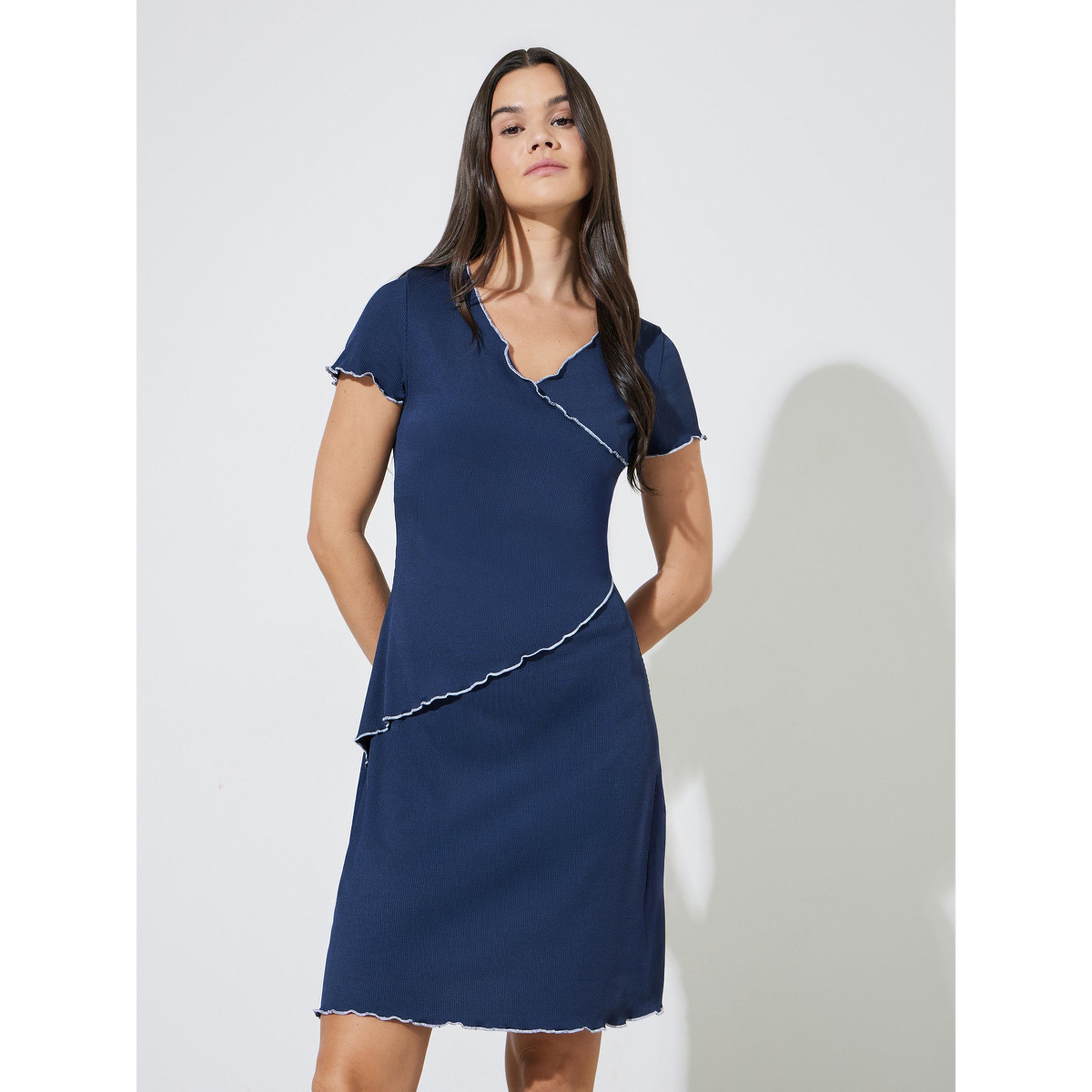 Styli Navy Blue Rib Contrast Lettuce Trim Wrap Over Nightdress-women-clothing-nightwear-nighties-image-1