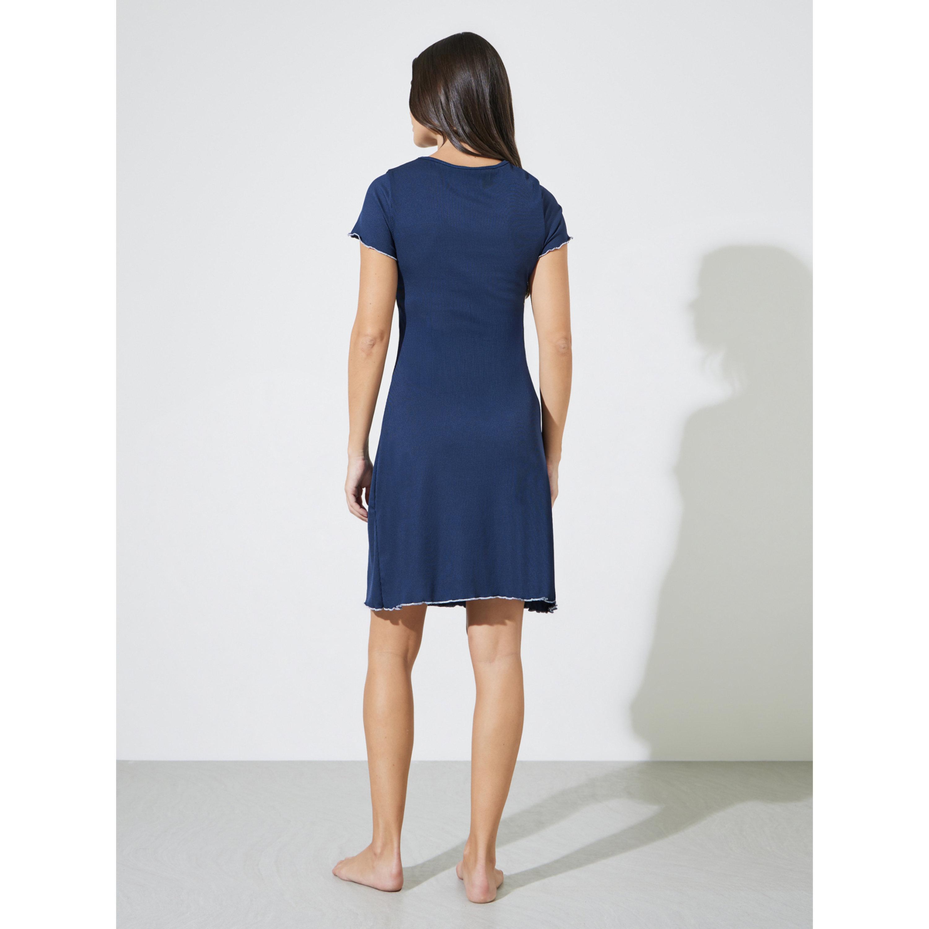 Styli Navy Blue Rib Contrast Lettuce Trim Wrap Over Nightdress-women-clothing-nightwear-nighties-image-3