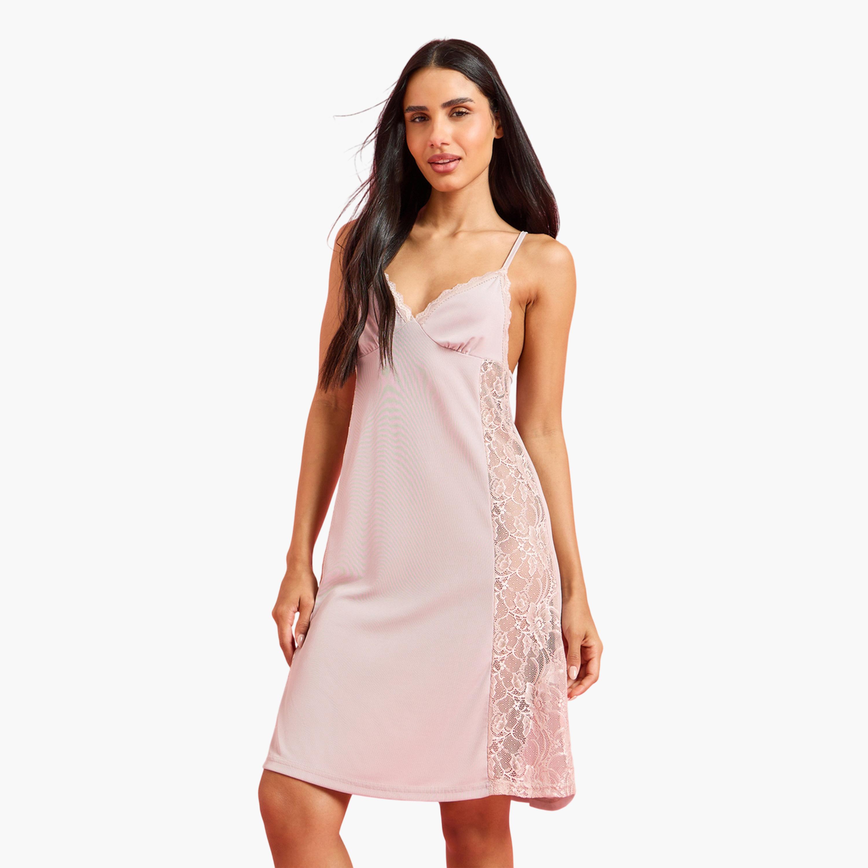 Styli Pink Strappy Lace-Detail Slip Nightdress-women-clothing-nightwear-nighties-image-1