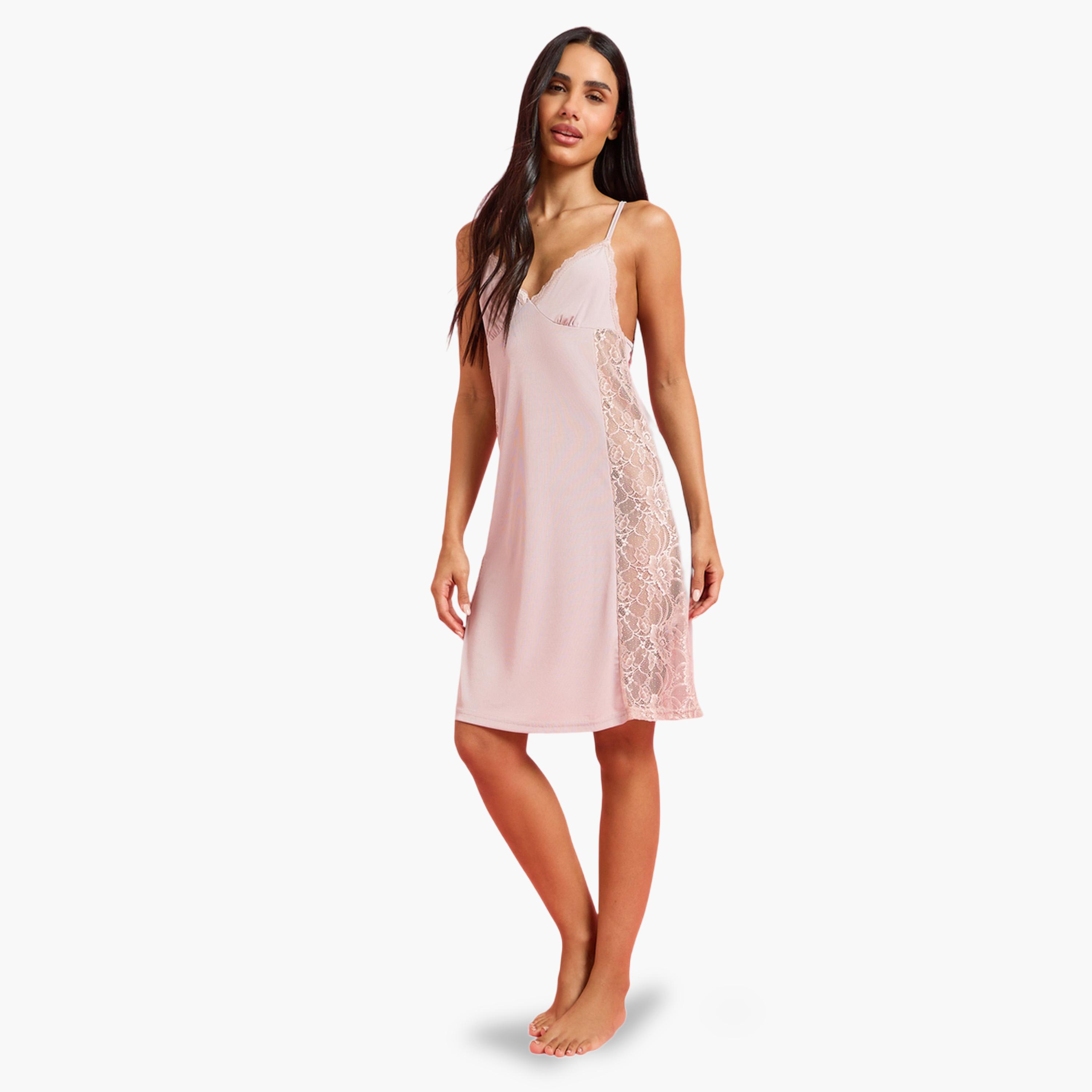 Styli Pink Strappy Lace-Detail Slip Nightdress-women-clothing-nightwear-nighties-image-2