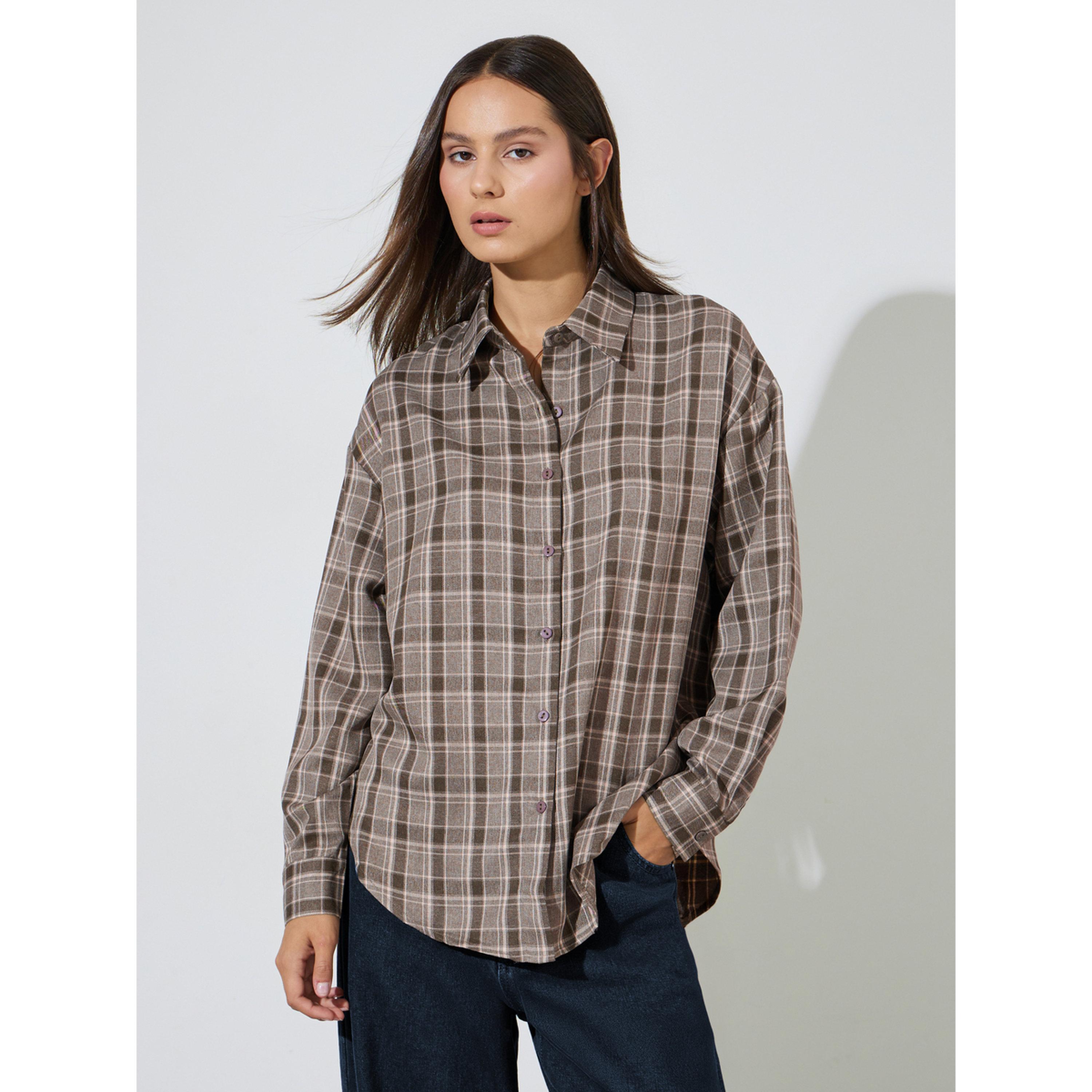 Styli Brown Checked Longline Oversized Shirt-women-clothing-shirtsandblouses-shirts-image-1