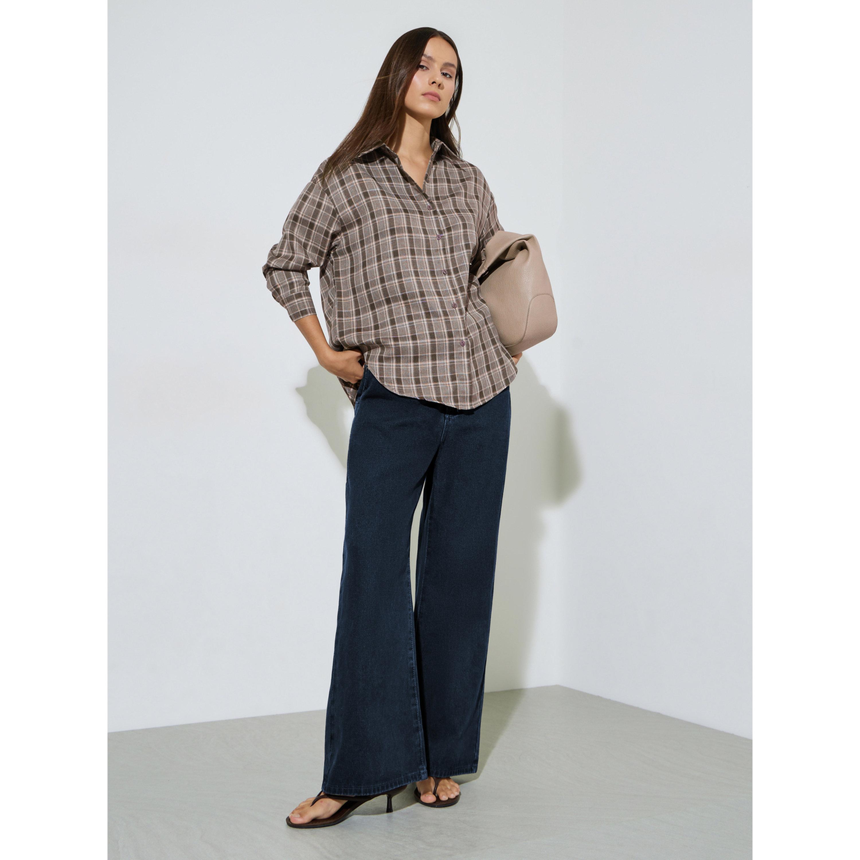 Styli Brown Checked Longline Oversized Shirt-women-clothing-shirtsandblouses-shirts-image-2