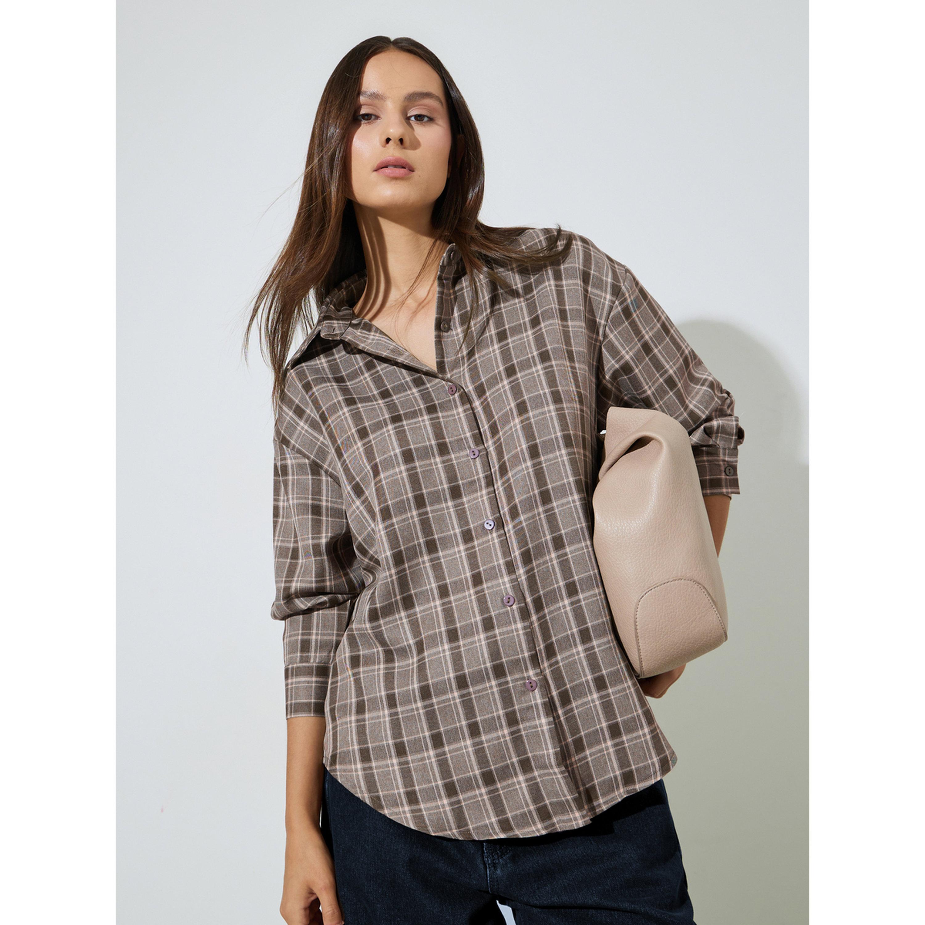 Styli Brown Checked Longline Oversized Shirt-women-clothing-shirtsandblouses-shirts-image-4