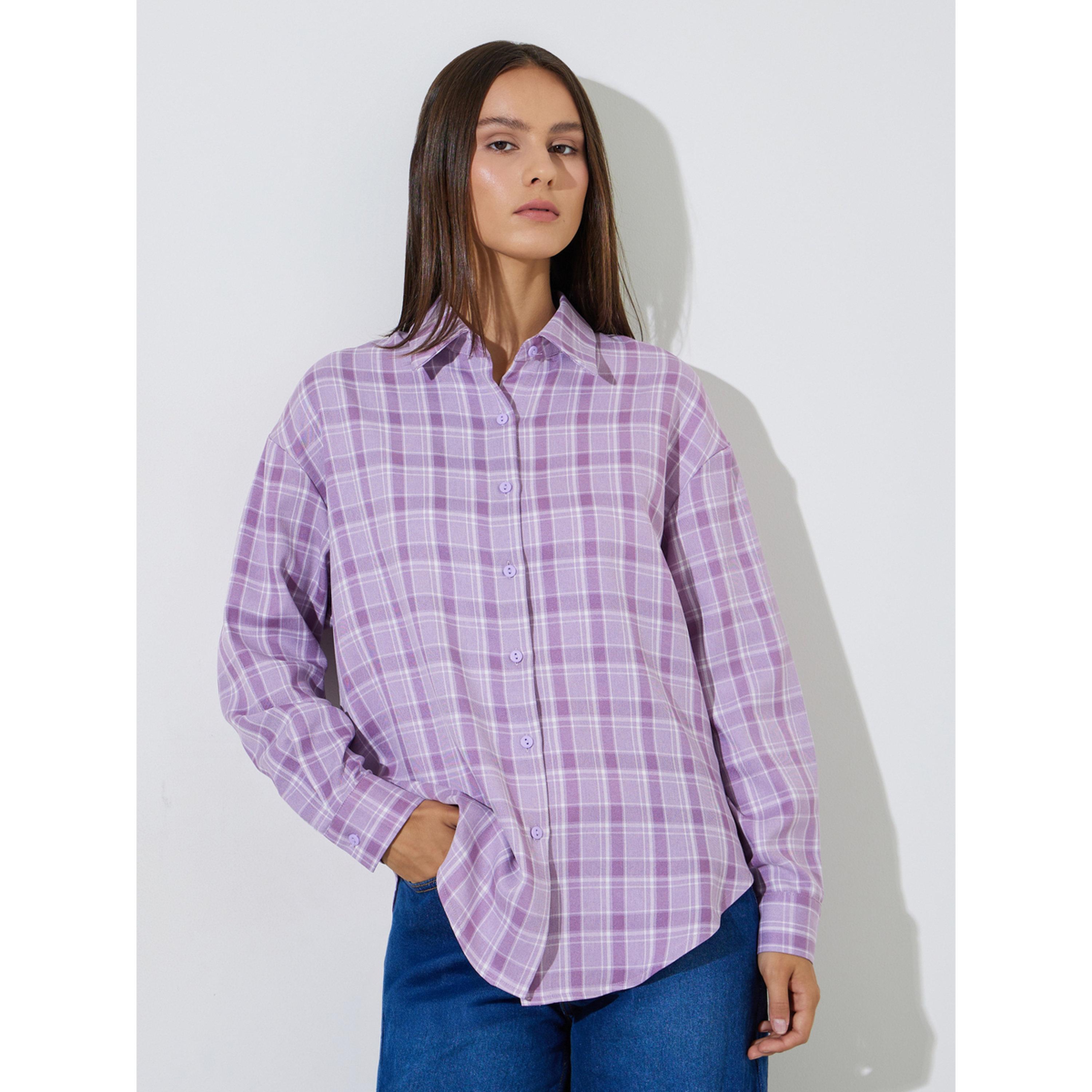 ستايلي - قميص طويل فضفاض بنقشة مربعات أرجوانية-women-clothing-shirtsandblouses-shirts-image-1