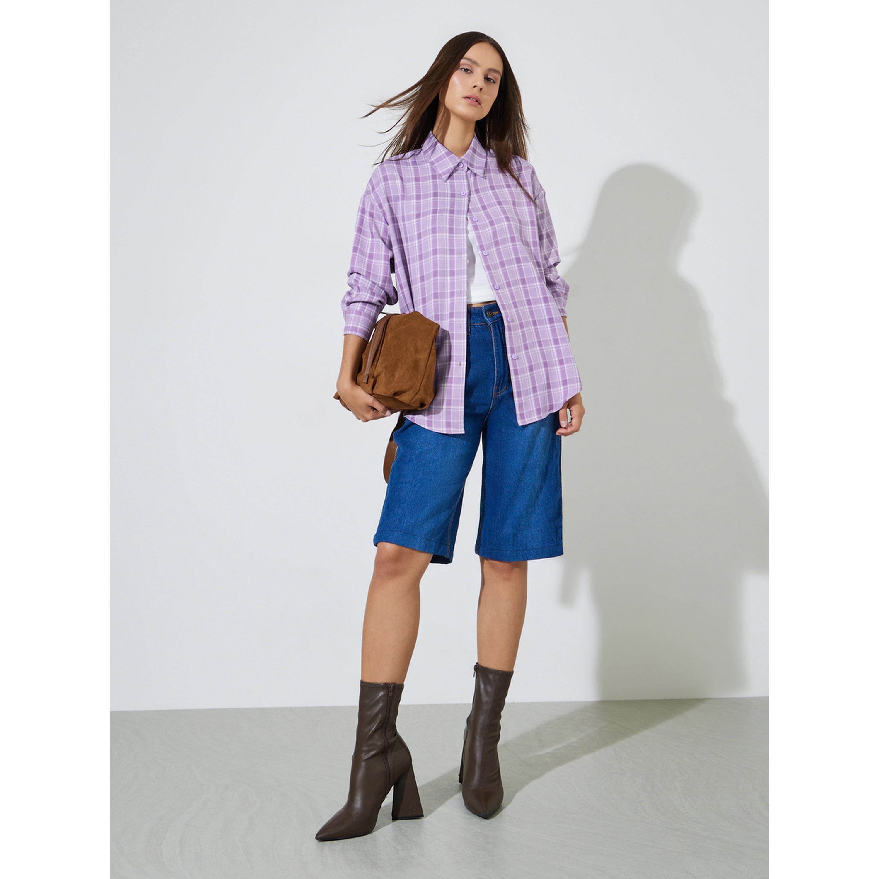 ستايلي - قميص طويل فضفاض بنقشة مربعات أرجوانية-women-clothing-shirtsandblouses-shirts-image-2