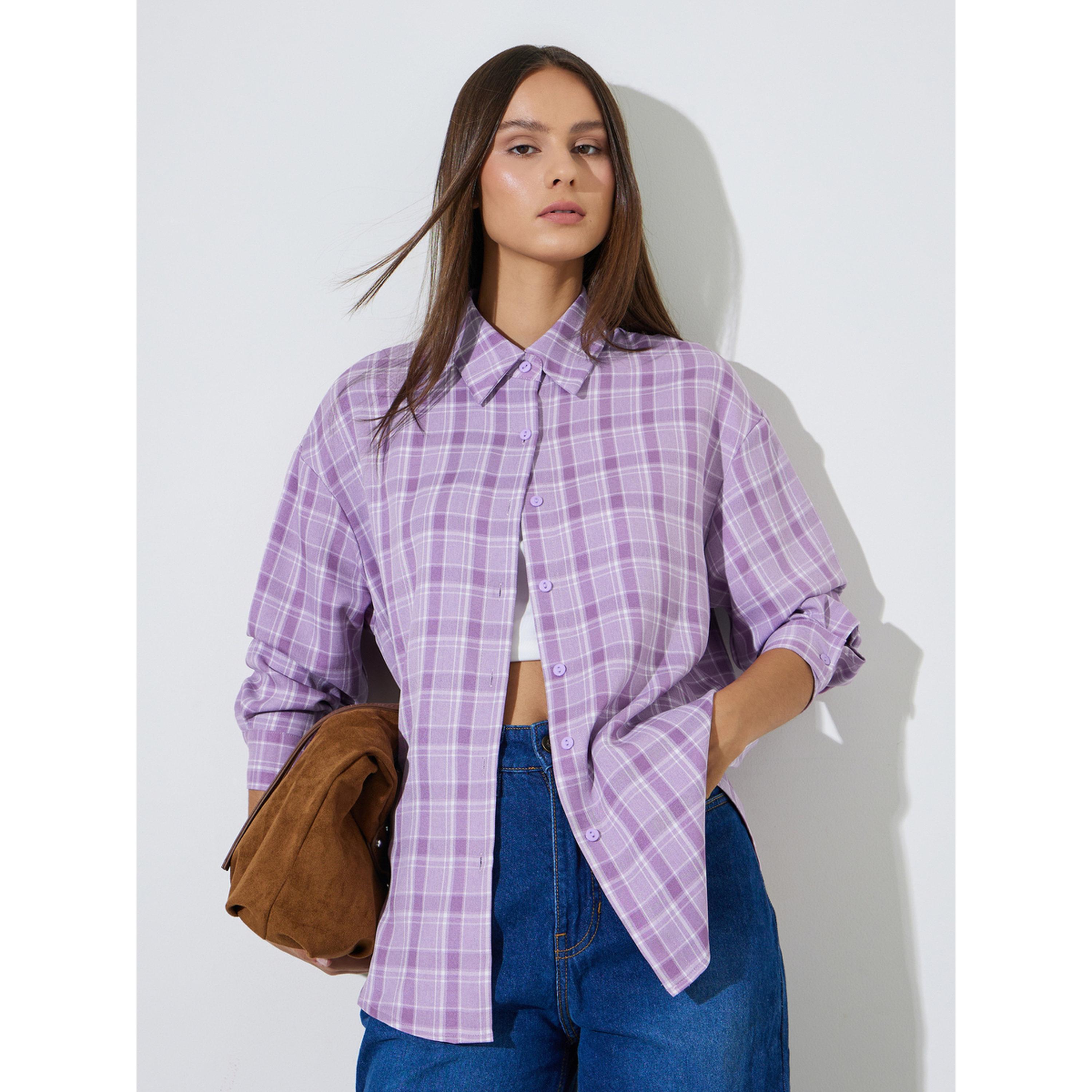 ستايلي - قميص طويل فضفاض بنقشة مربعات أرجوانية-women-clothing-shirtsandblouses-shirts-image-4