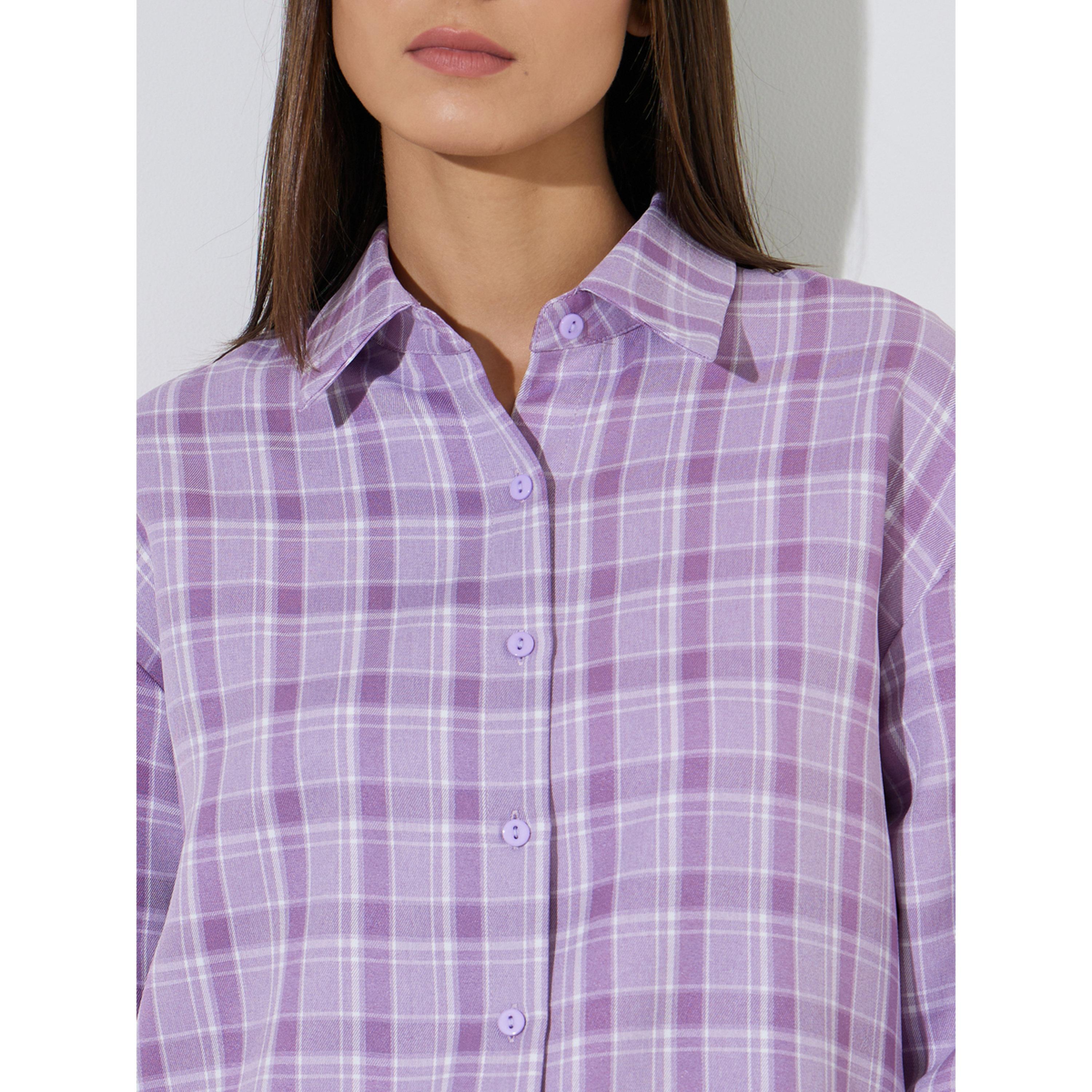 ستايلي - قميص طويل فضفاض بنقشة مربعات أرجوانية-women-clothing-shirtsandblouses-shirts-image-5