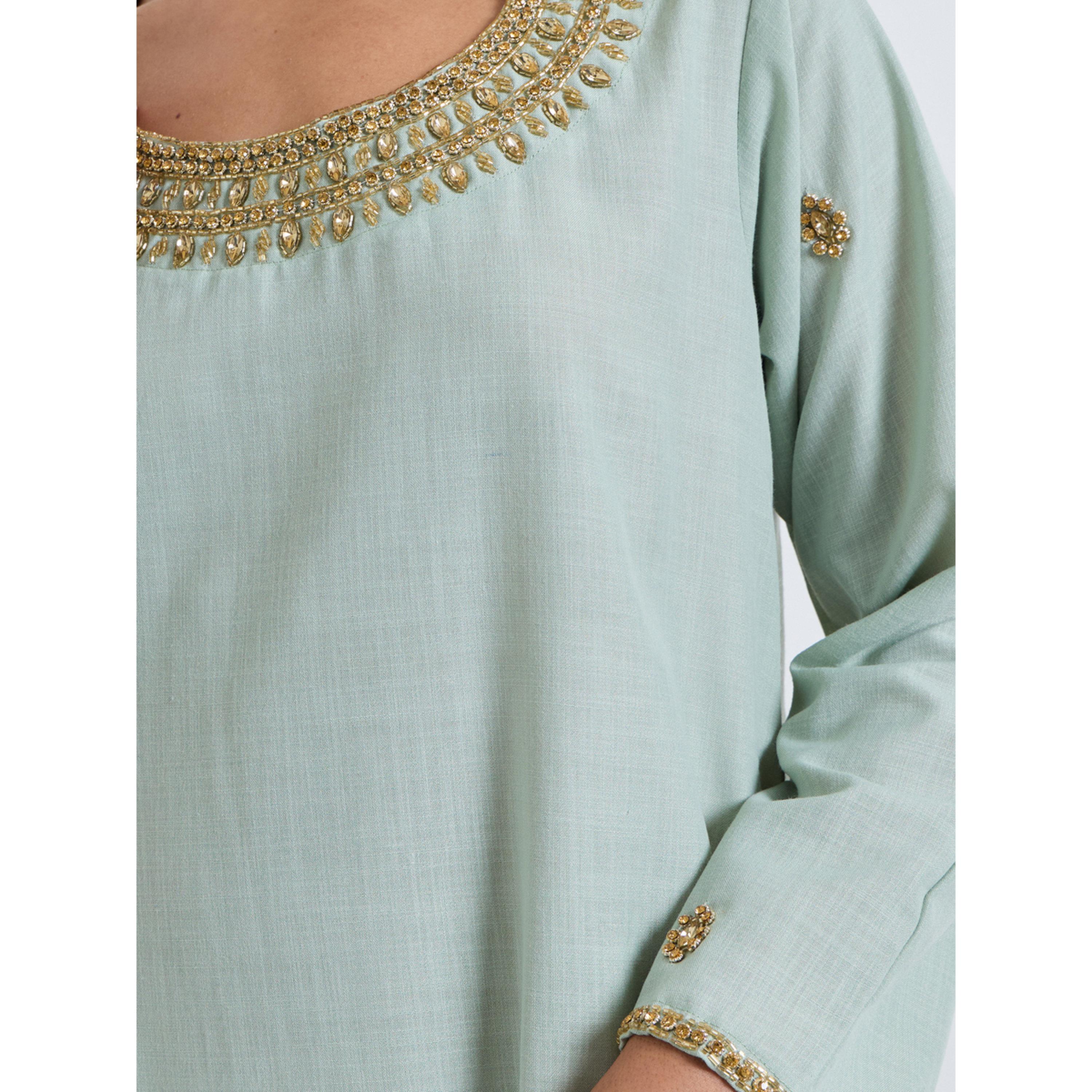 Amirah X Styli Green Embellished Linen Slub Jalabiya-women-arabicclothing-jalabiyas-image-5