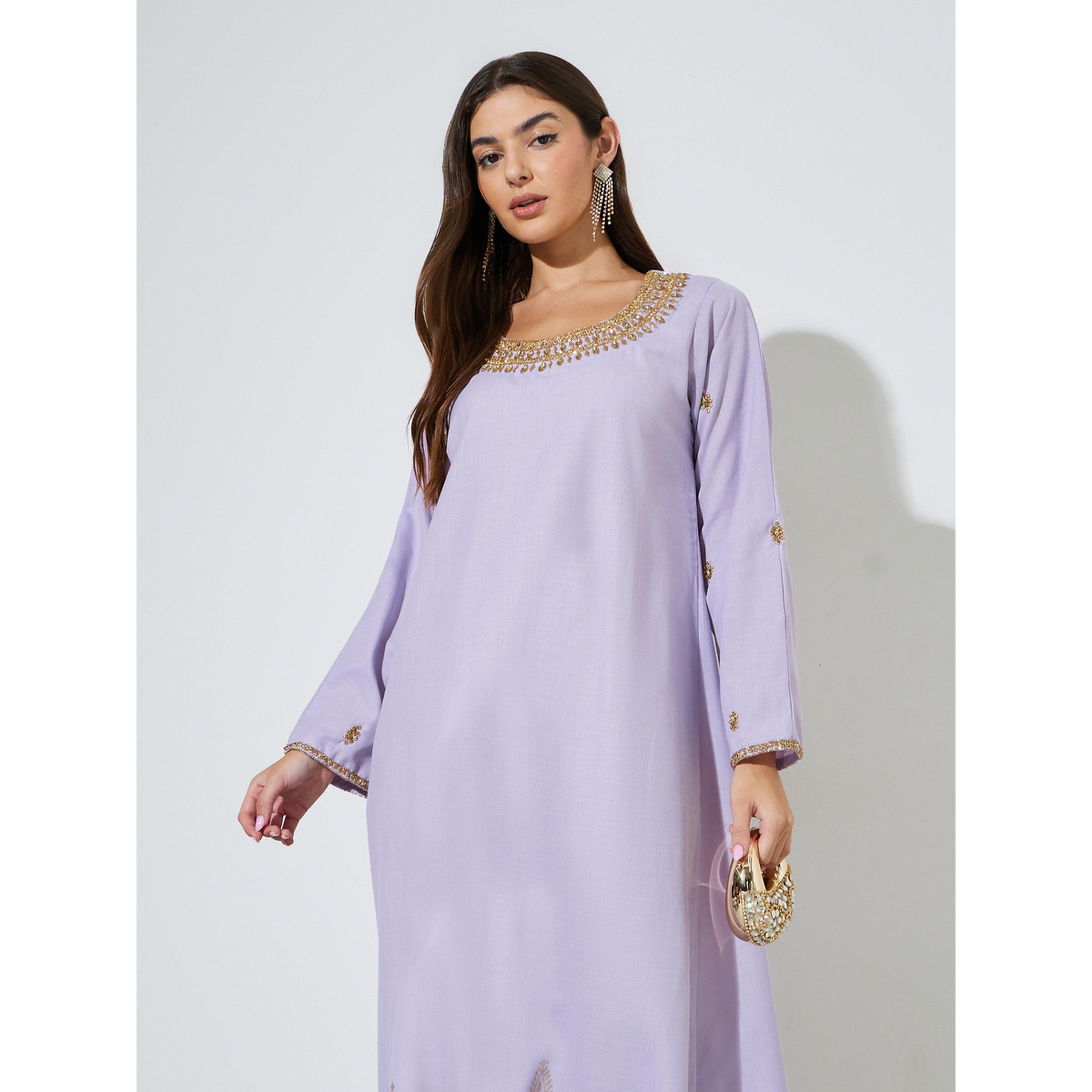 Amirah X Styli Lilac Long Sleeves Round Neck Jalabiya with Gold Embroidery-women-arabicclothing-jalabiyas-image-2