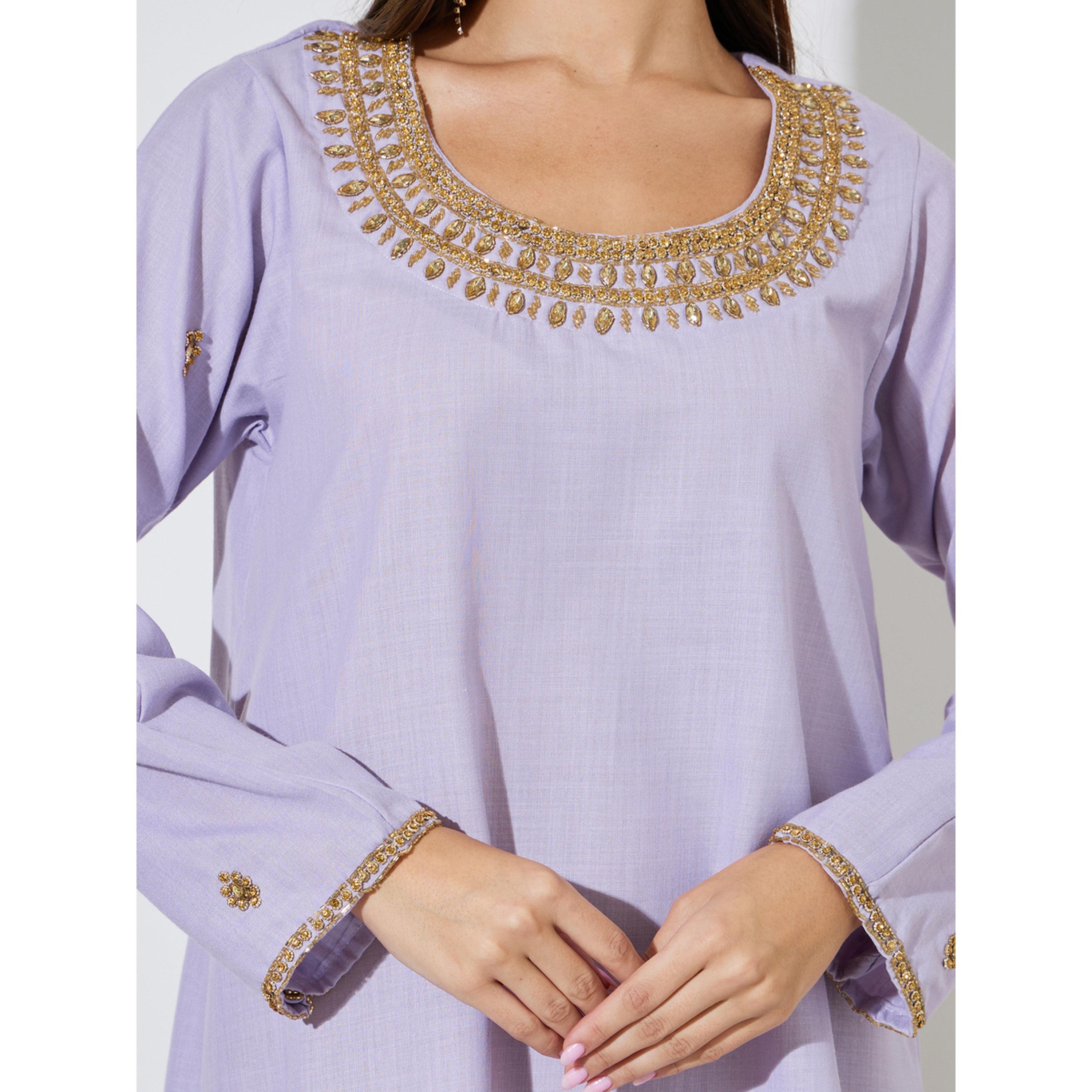 Amirah X Styli Lilac Long Sleeves Round Neck Jalabiya with Gold Embroidery-women-arabicclothing-jalabiyas-image-4