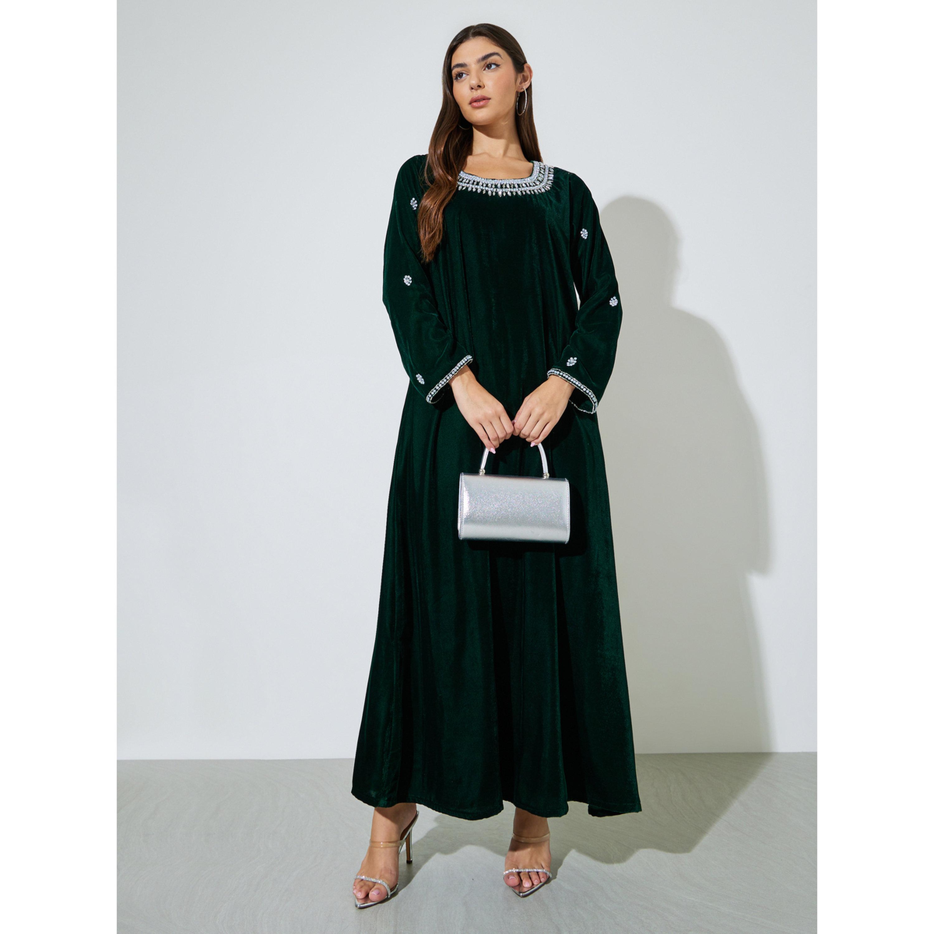 Amirah X Styli Dark Green Rhinestone Embellished Velvet Jalabiya-women-arabicclothing-jalabiyas-image-1