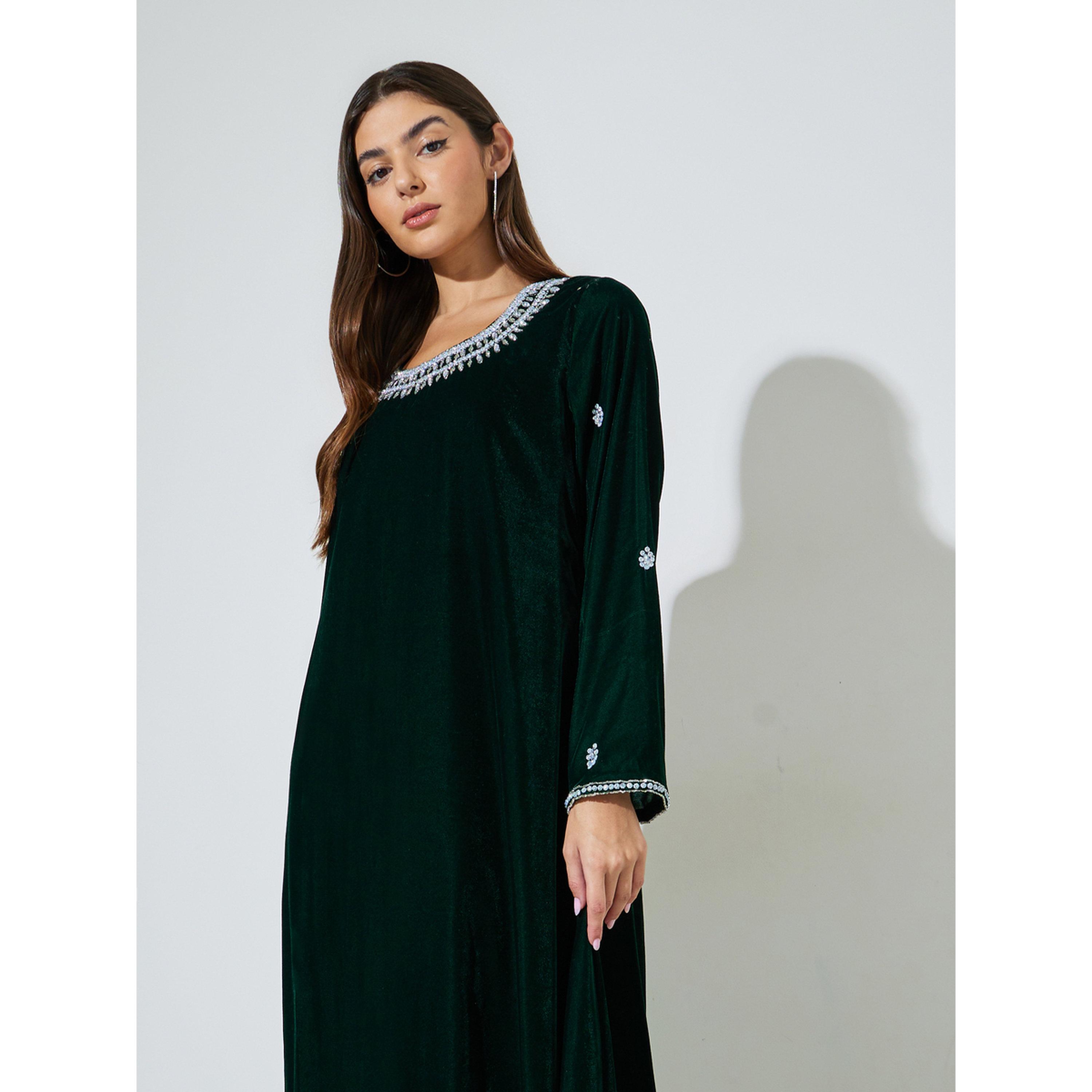 Amirah X Styli Dark Green Rhinestone Embellished Velvet Jalabiya-women-arabicclothing-jalabiyas-image-2