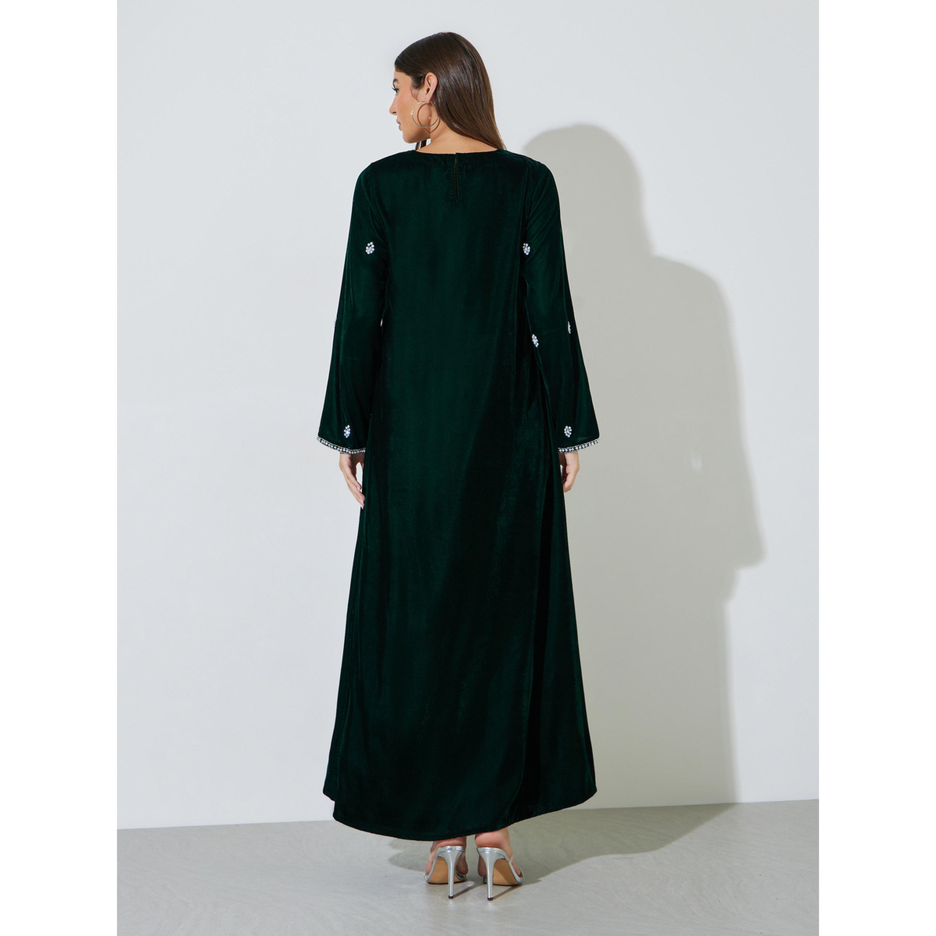 Amirah X Styli Dark Green Rhinestone Embellished Velvet Jalabiya-women-arabicclothing-jalabiyas-image-4