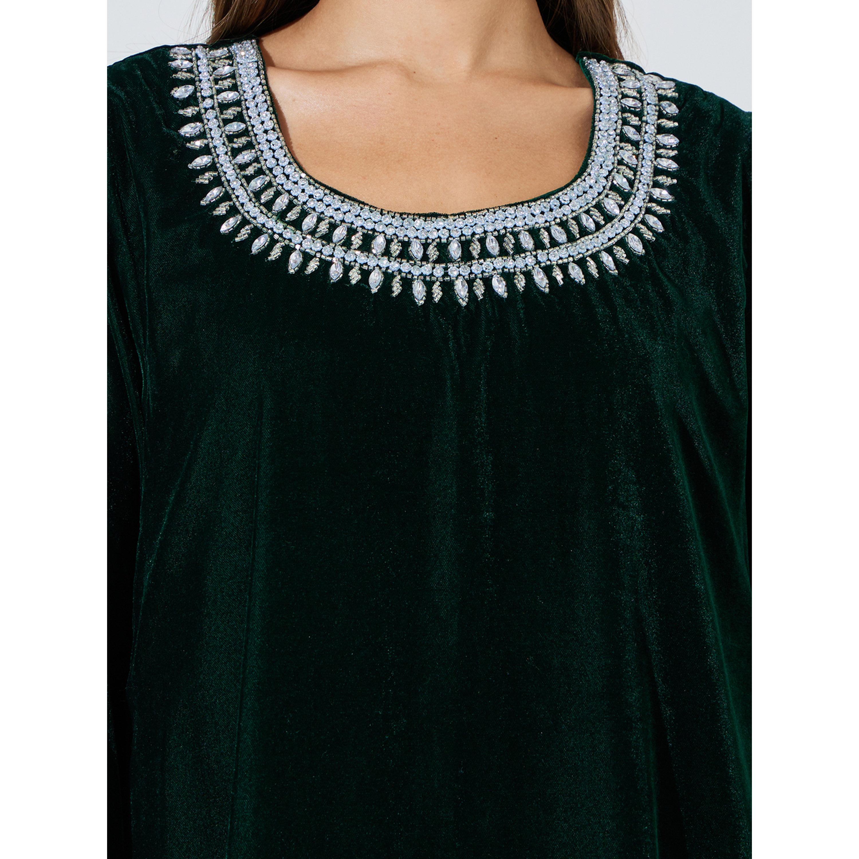 Amirah X Styli Dark Green Rhinestone Embellished Velvet Jalabiya-women-arabicclothing-jalabiyas-image-5