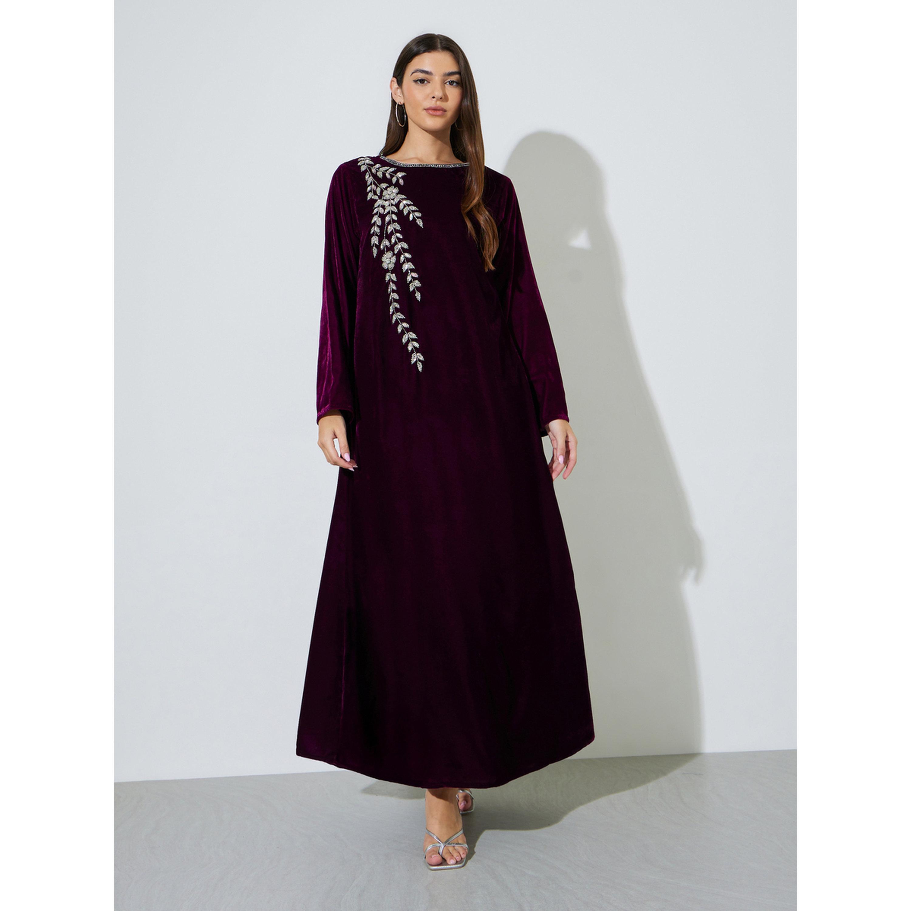 Amirah X Styli Purple Long Sleeves Velvet Jalabiya with Intricate Hand Embroidery-women-arabicclothing-jalabiyas-image-1