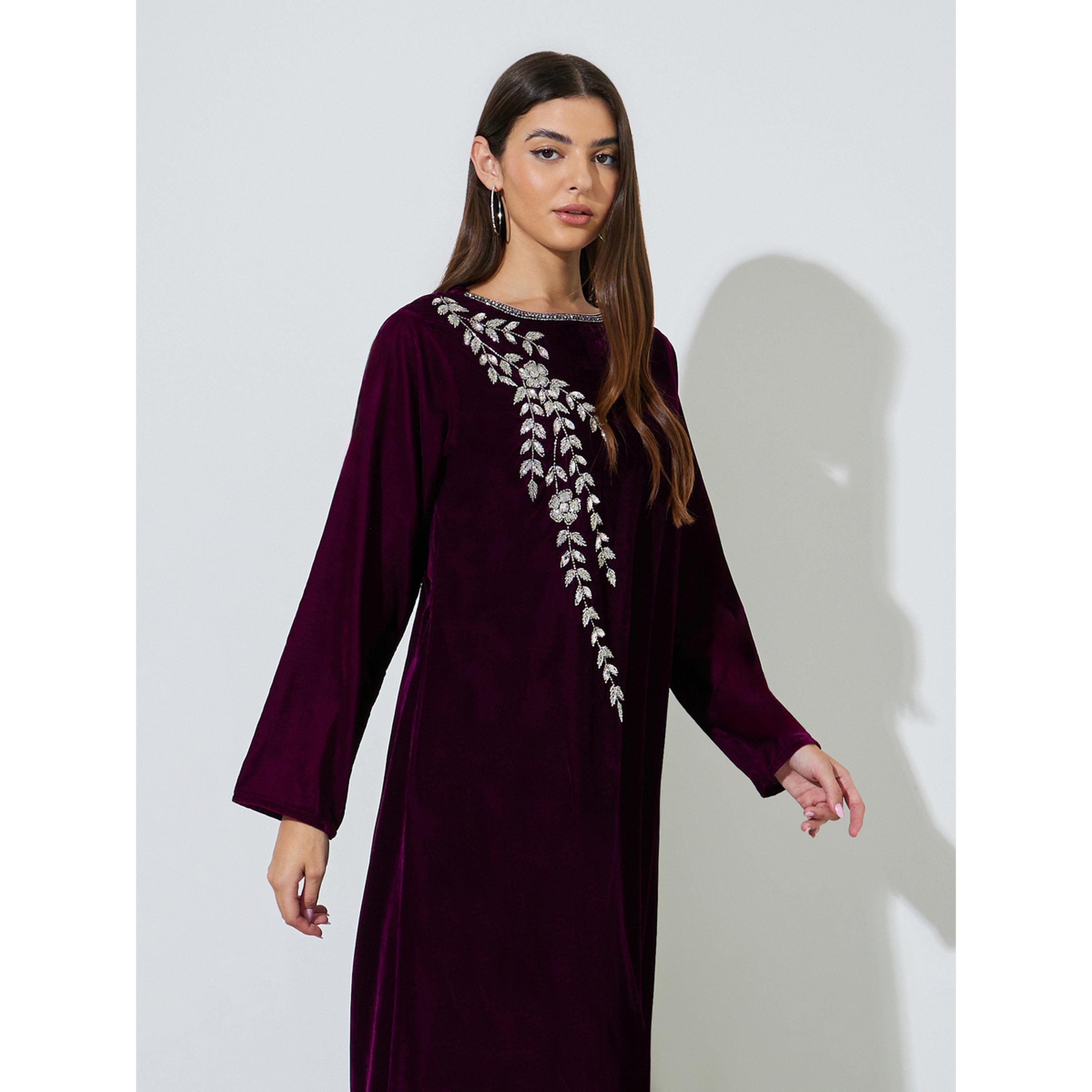 Amirah X Styli Purple Long Sleeves Velvet Jalabiya with Intricate Hand Embroidery-women-arabicclothing-jalabiyas-image-2
