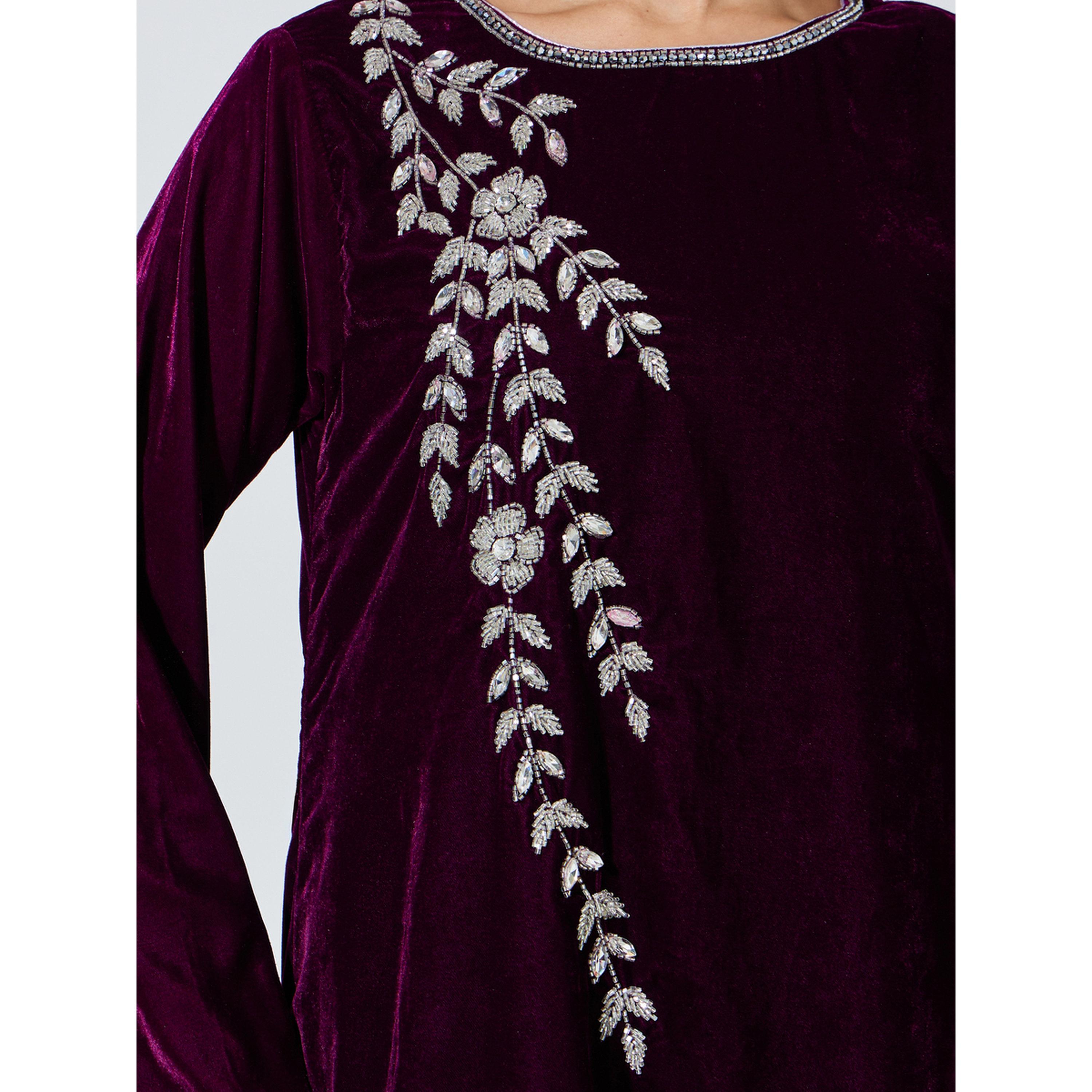 Amirah X Styli Purple Long Sleeves Velvet Jalabiya with Intricate Hand Embroidery-women-arabicclothing-jalabiyas-image-5