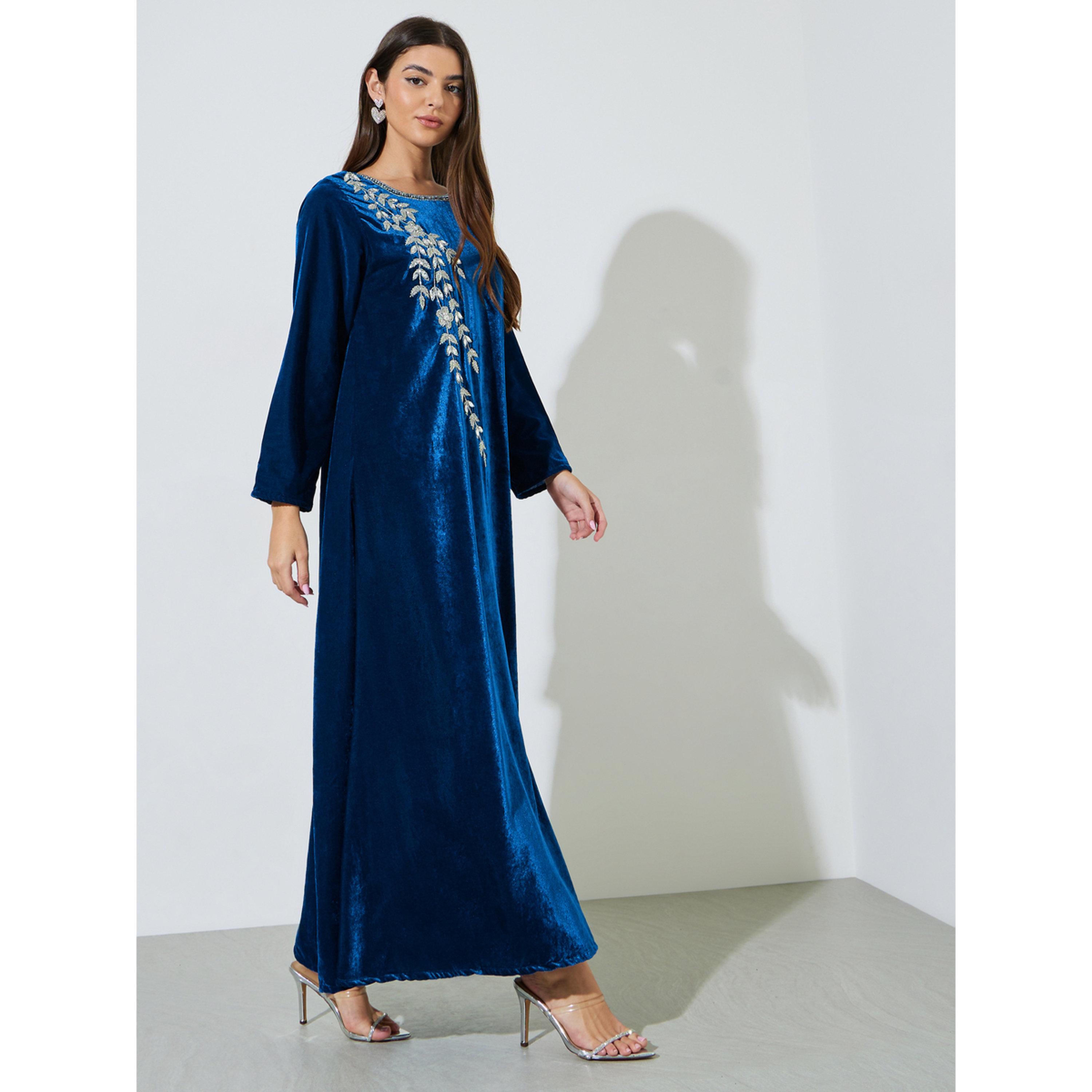Amirah X Styli Blue Long Sleeves Velvet Jalabiya with Intricate Hand Embroidery-women-arabicclothing-jalabiyas-image-1