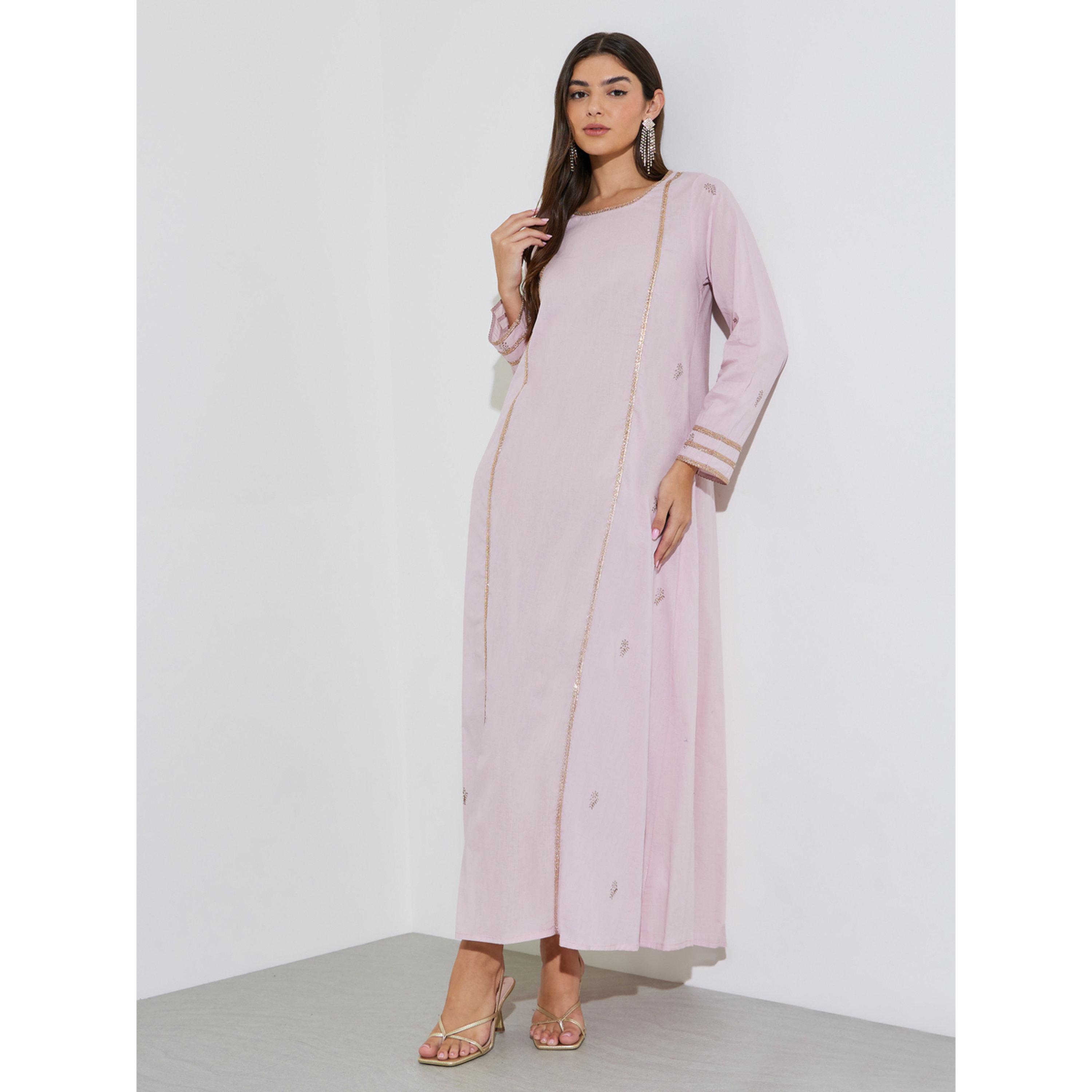جلابية طويلة بأكمام طويلة ومطرزة بلون وردي-women-arabicclothing-jalabiyas-image-1