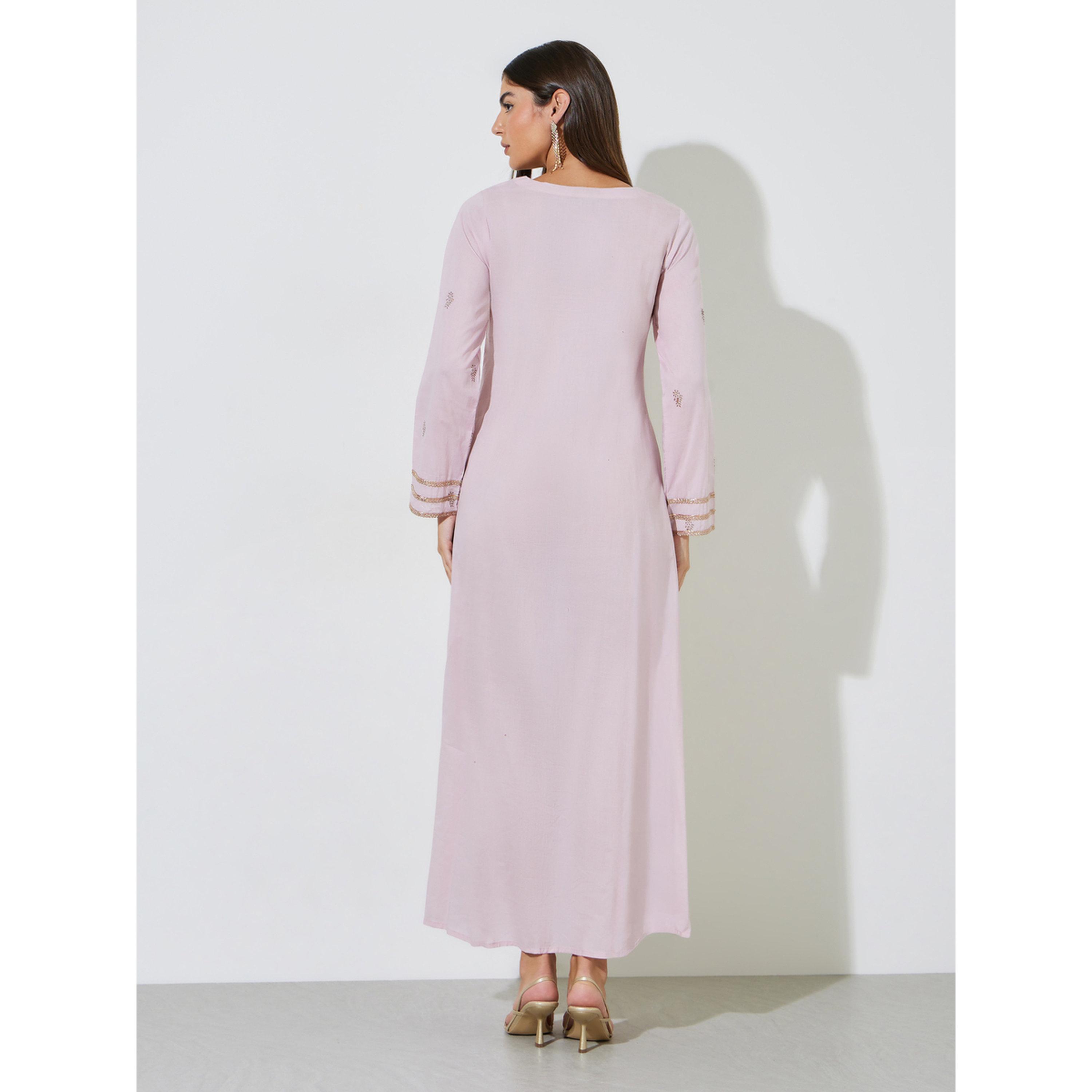 جلابية طويلة بأكمام طويلة ومطرزة بلون وردي-women-arabicclothing-jalabiyas-image-3