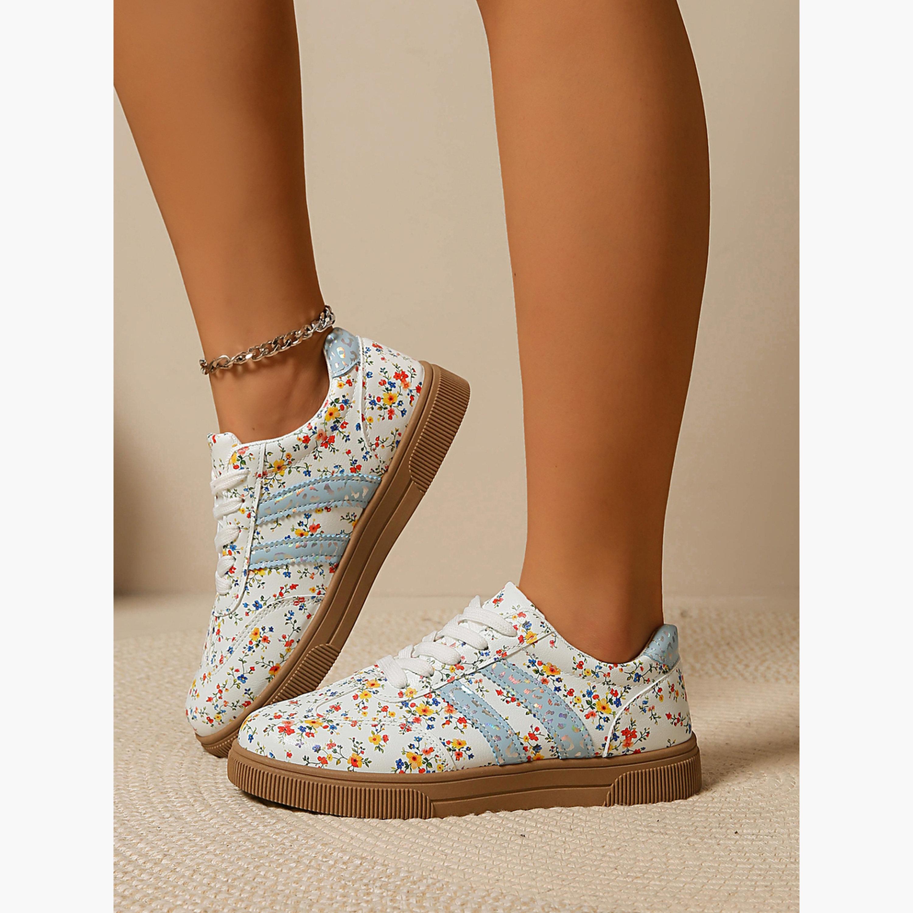 حذاء سنيكرز فلات برباط وطبعة زهور للنساء-women-shoes-sneakers-image-2