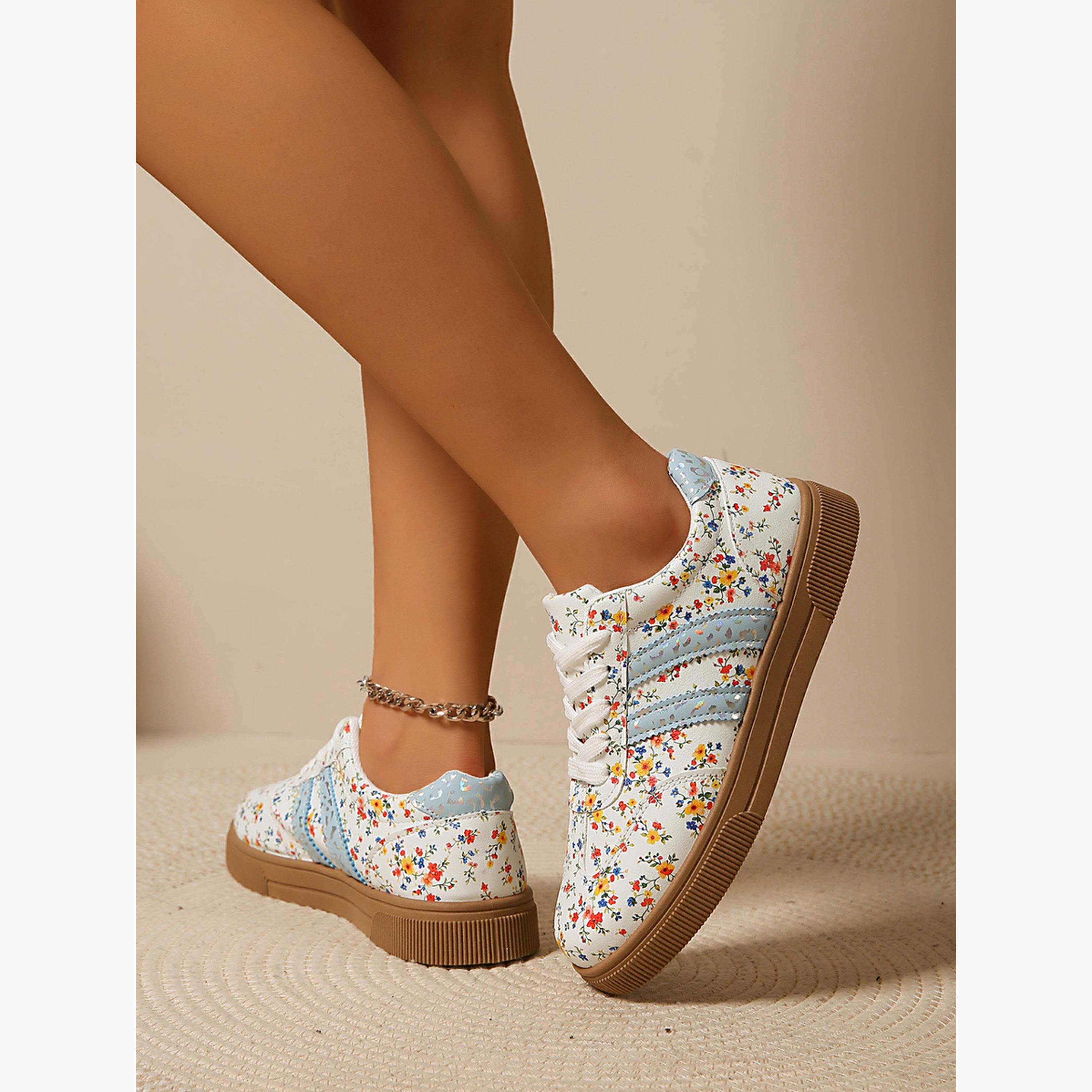 حذاء سنيكرز فلات برباط وطبعة زهور للنساء-women-shoes-sneakers-image-4