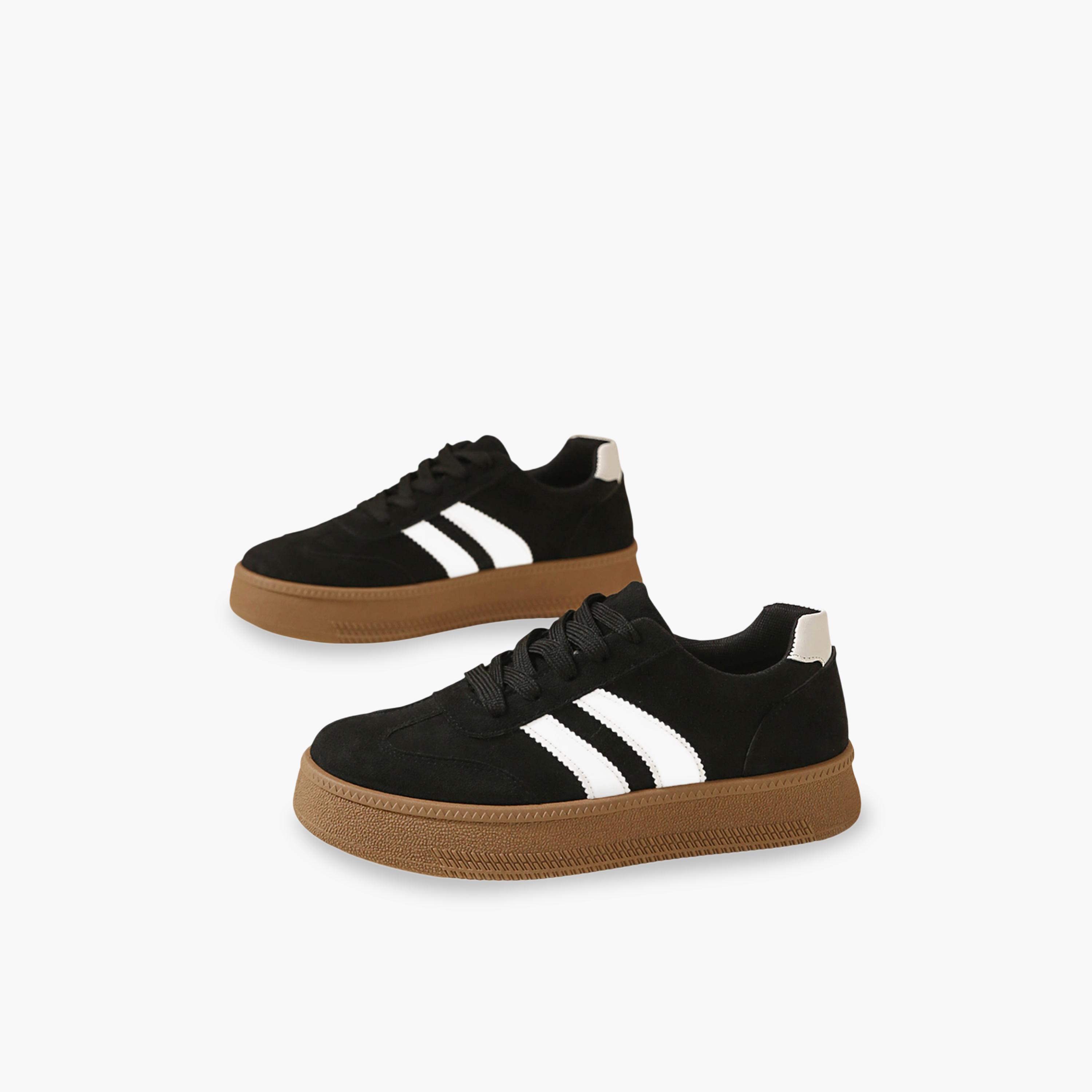 Take Two Women Black Flat Sneakers with White Stripes-women-shoes-sneakers-image-1