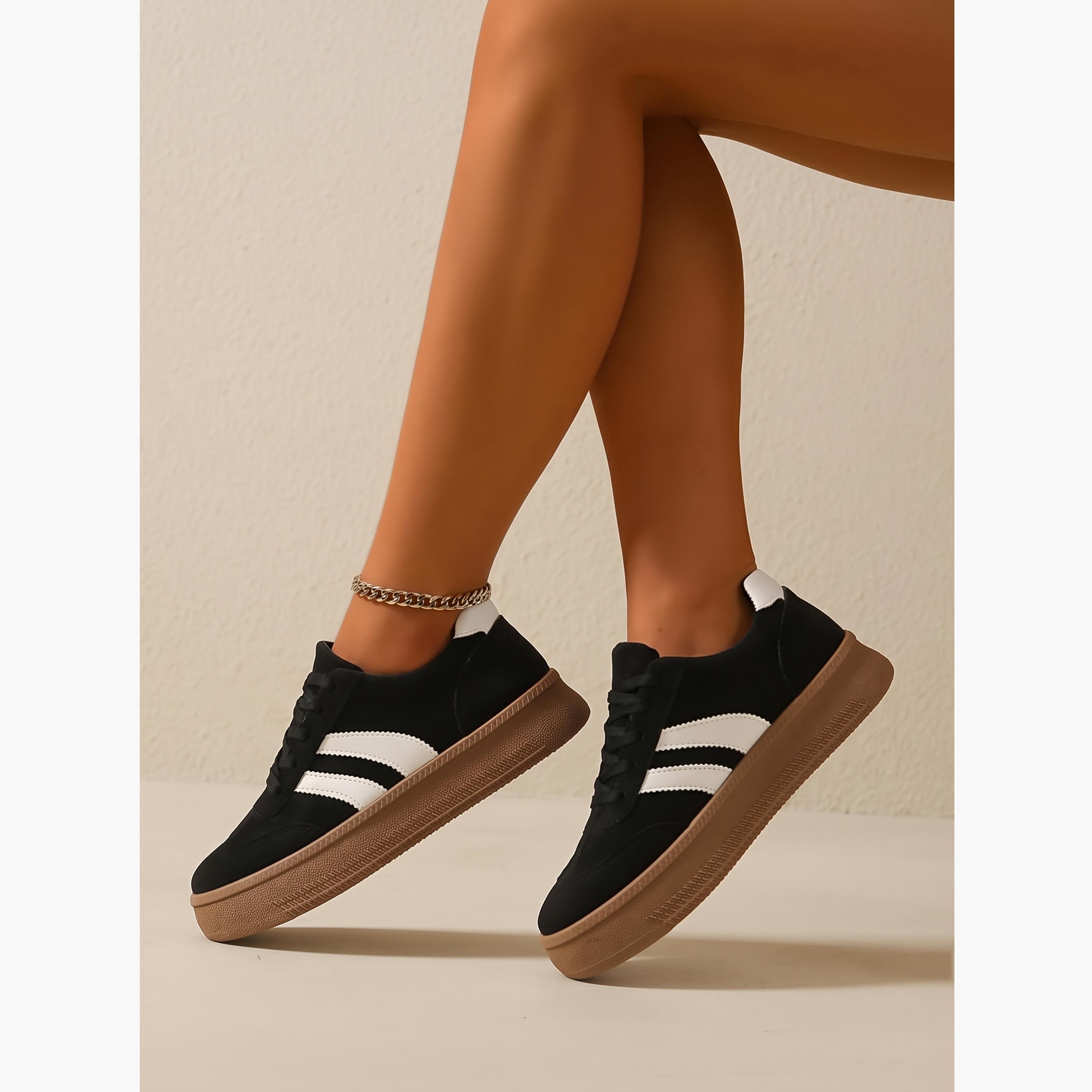 Take Two Women Black Flat Sneakers with White Stripes-women-shoes-sneakers-image-3
