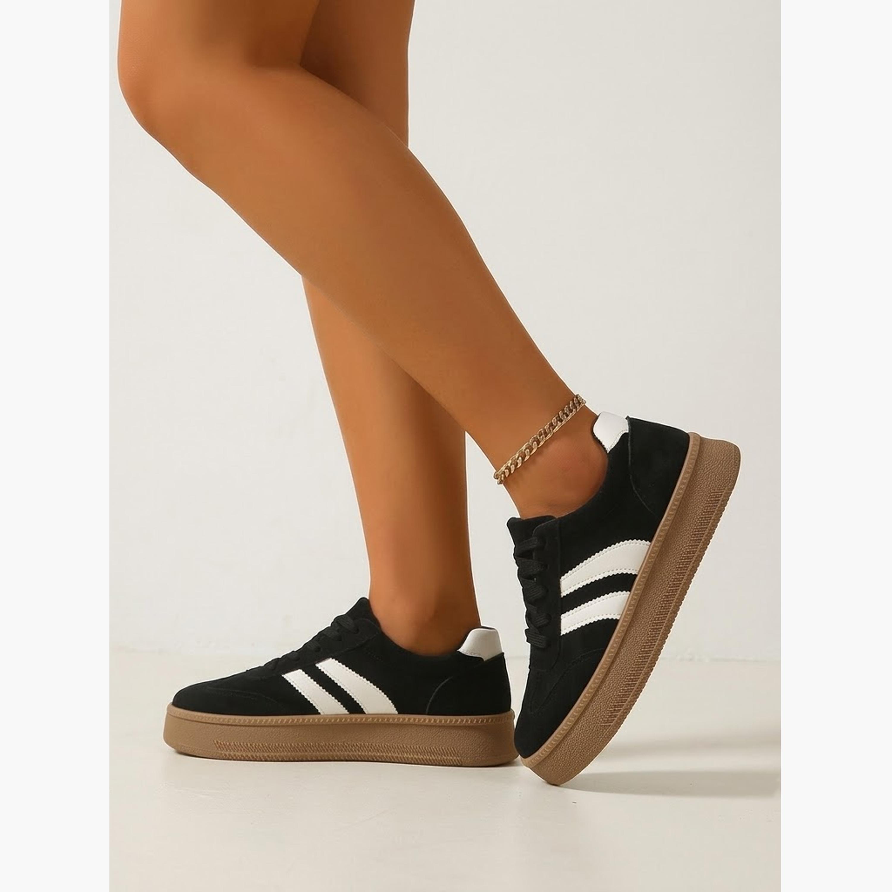 Take Two Women Black Flat Sneakers with White Stripes-women-shoes-sneakers-image-5