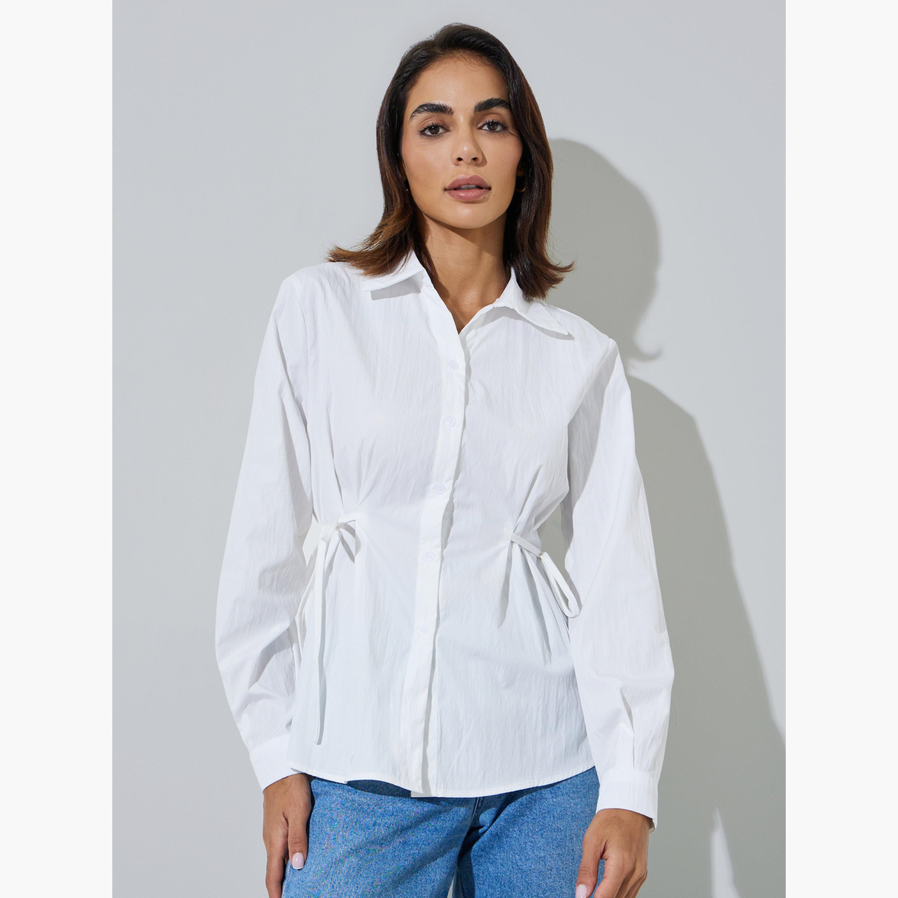 ستايلي - قميص أبيض كريمي بأكمام طويلة وربطة خصر-women-clothing-shirtsandblouses-shirts-image-1