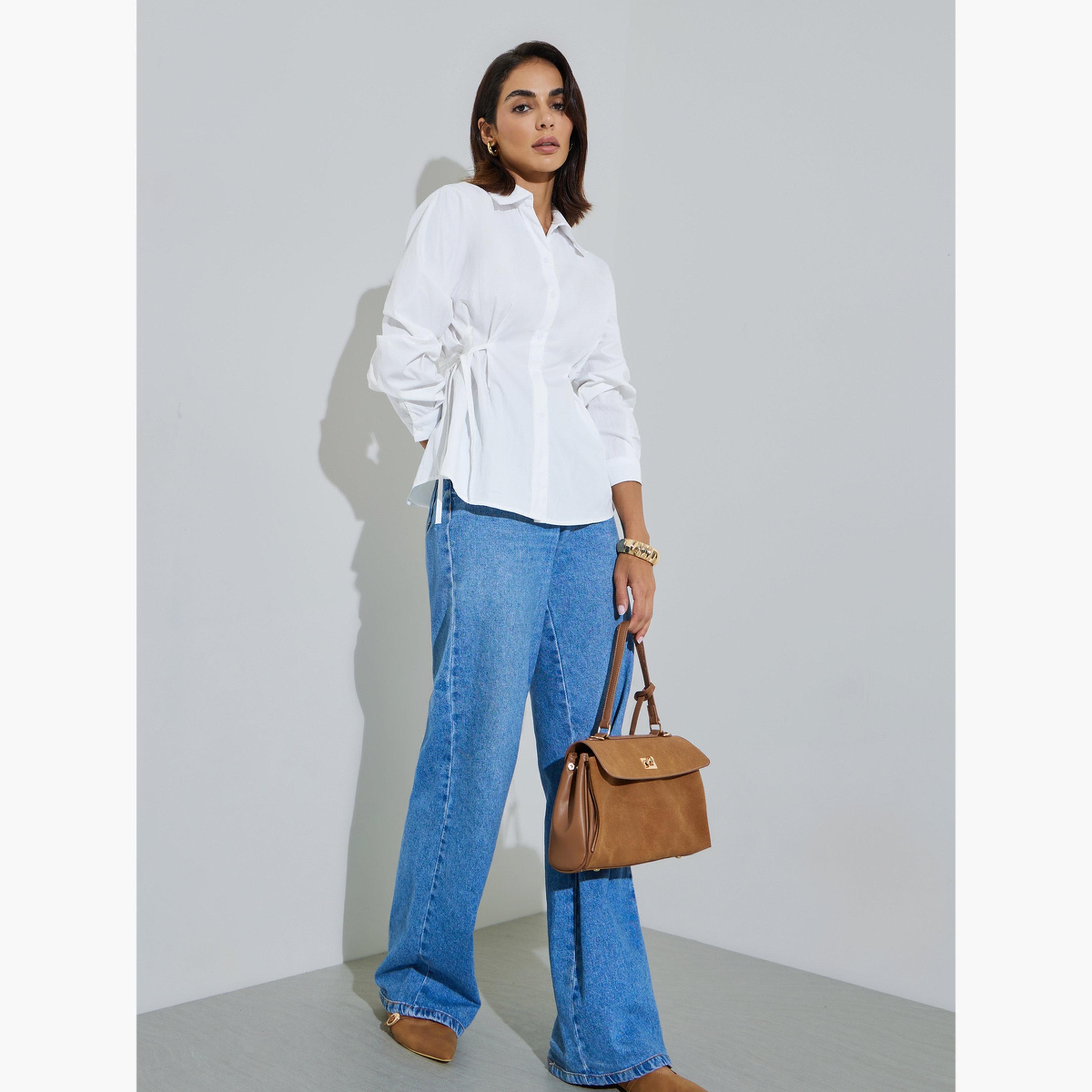 ستايلي - قميص أبيض كريمي بأكمام طويلة وربطة خصر-women-clothing-shirtsandblouses-shirts-image-2