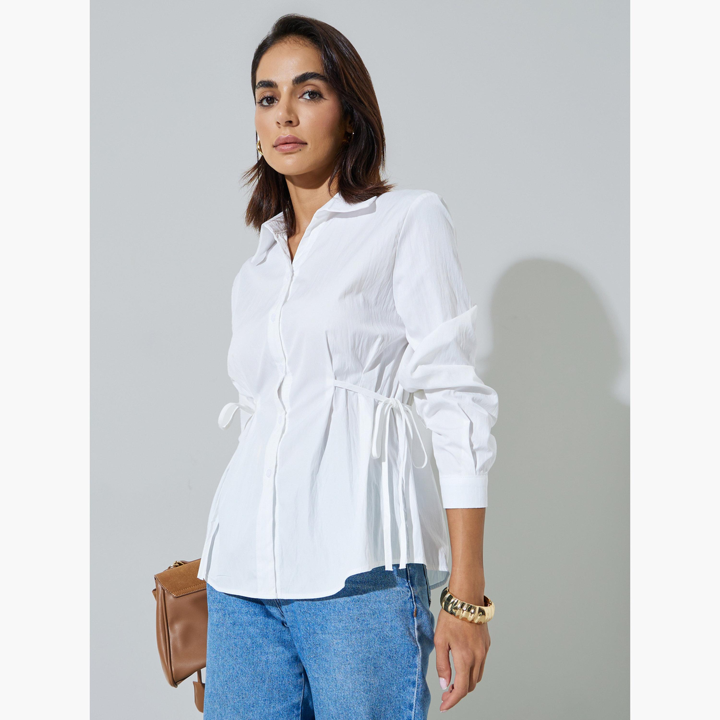 ستايلي - قميص أبيض كريمي بأكمام طويلة وربطة خصر-women-clothing-shirtsandblouses-shirts-image-3