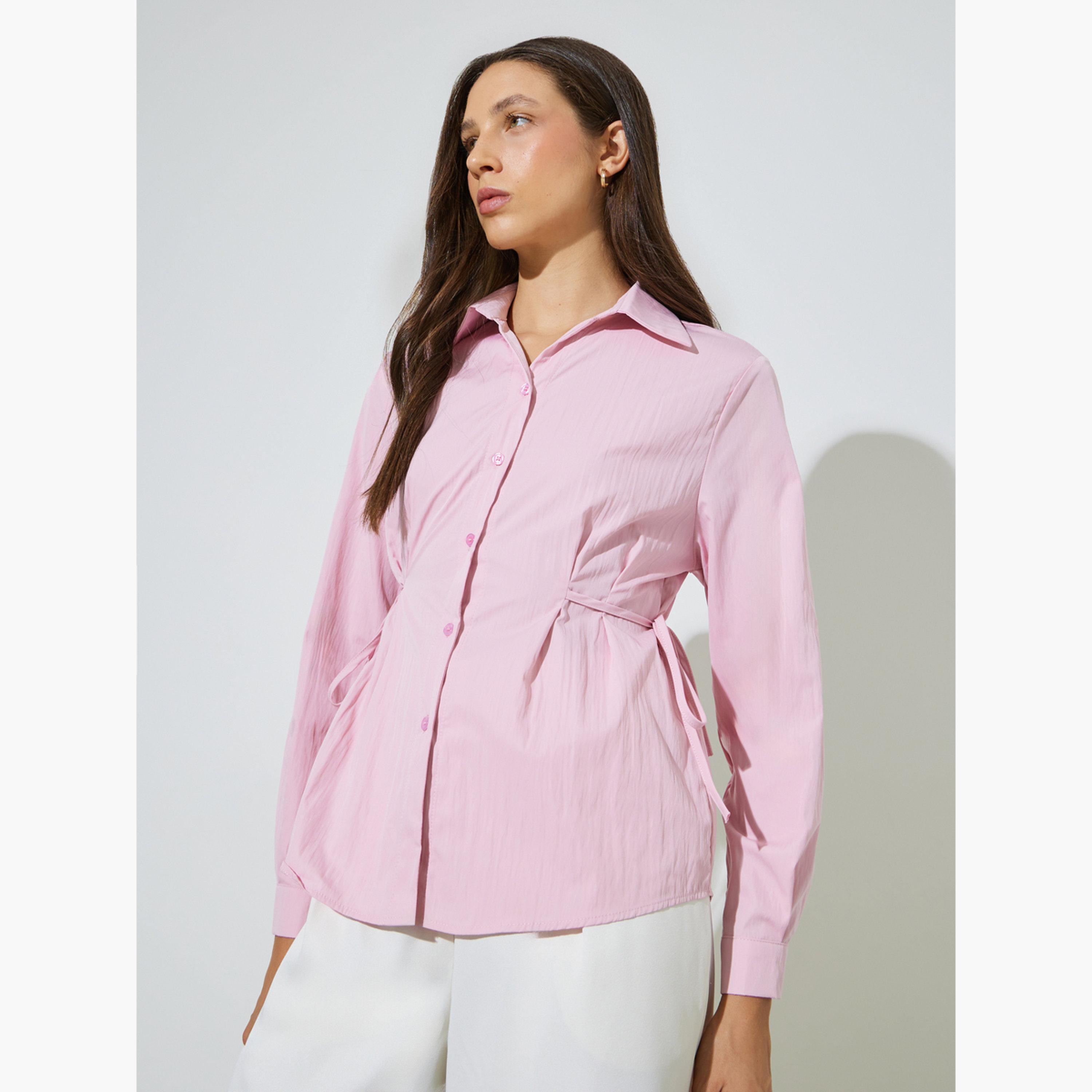 ستايلي - قميص وردي بأكمام طويلة وربطة خصر-women-clothing-shirtsandblouses-shirts-image-1