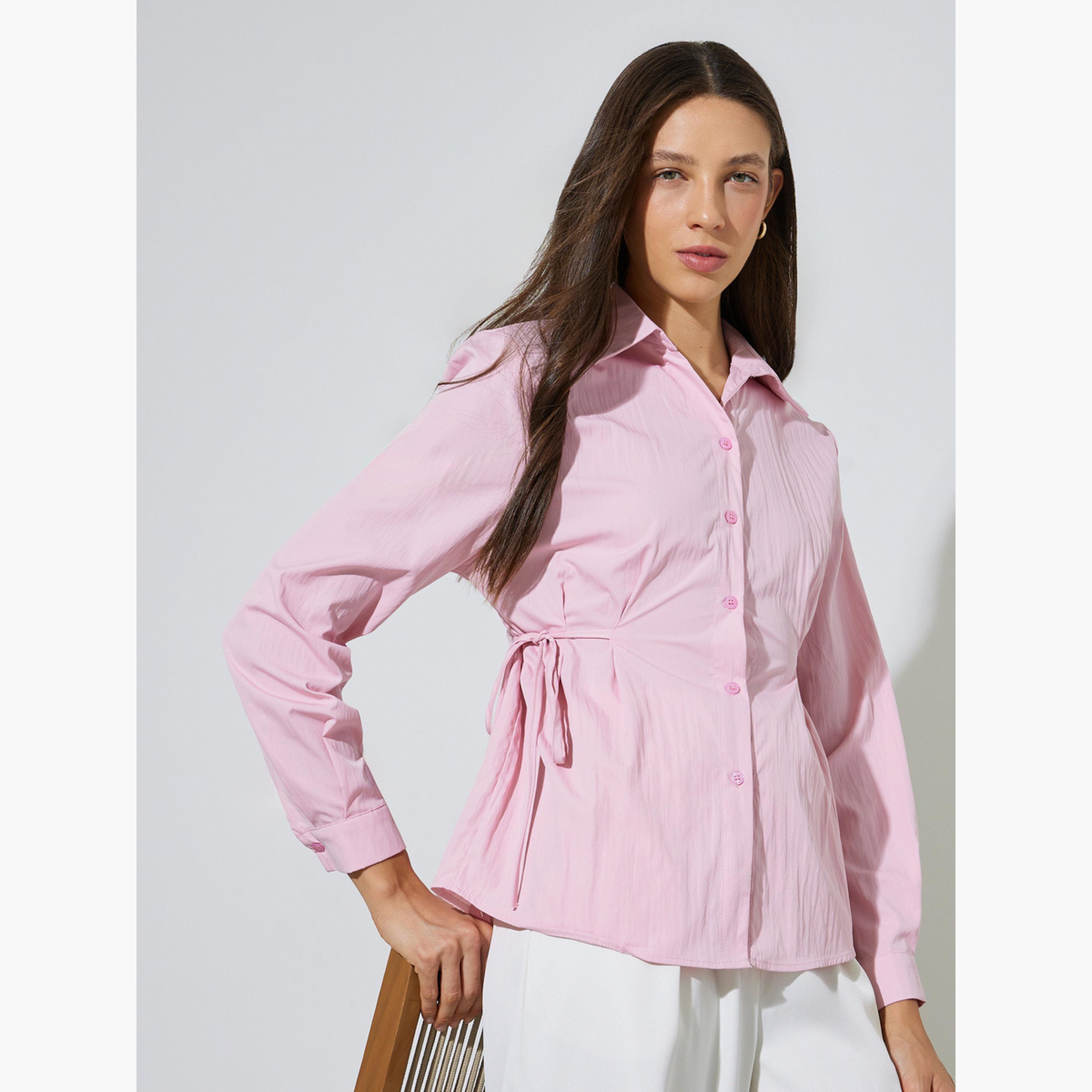 ستايلي - قميص وردي بأكمام طويلة وربطة خصر-women-clothing-shirtsandblouses-shirts-image-3