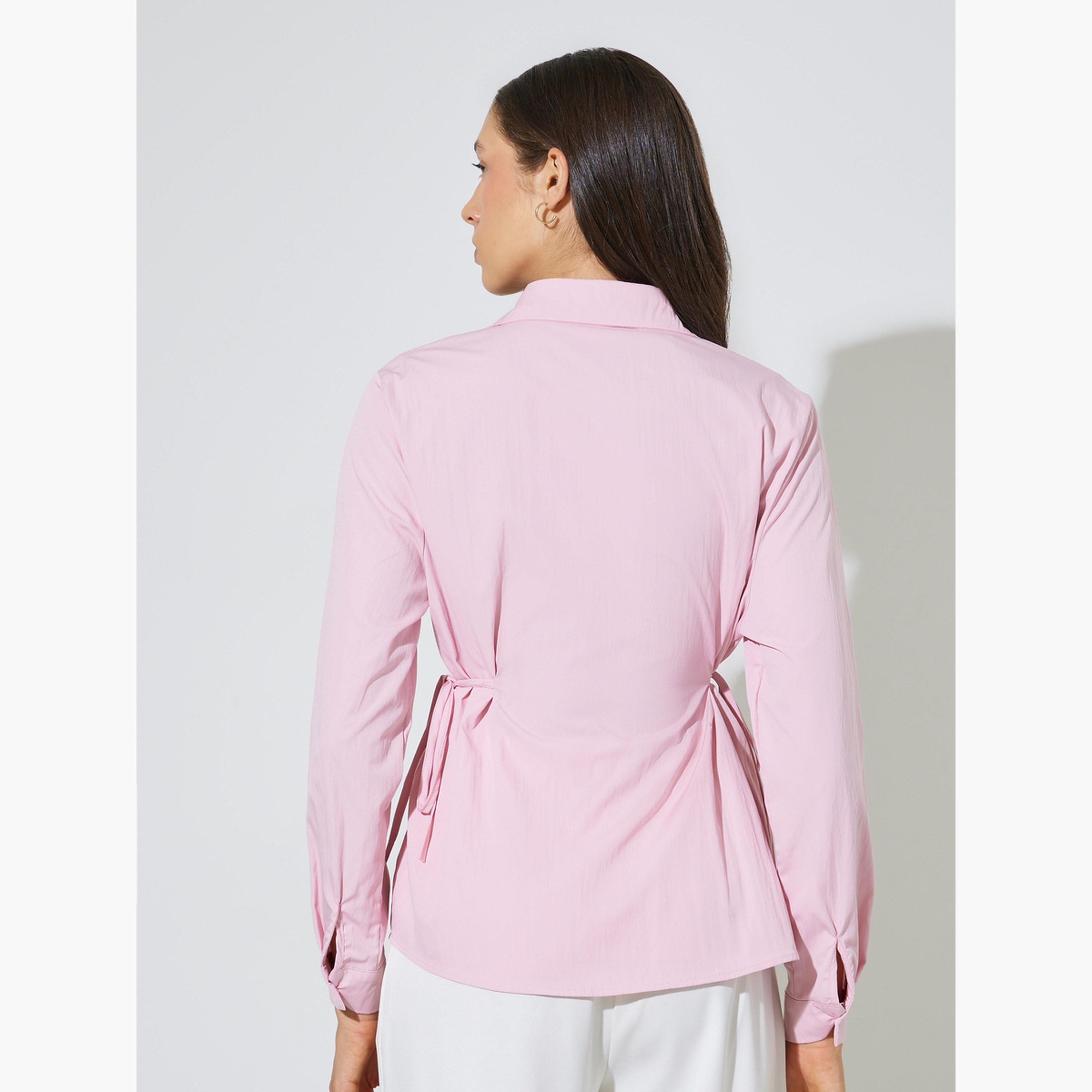 ستايلي - قميص وردي بأكمام طويلة وربطة خصر-women-clothing-shirtsandblouses-shirts-image-4