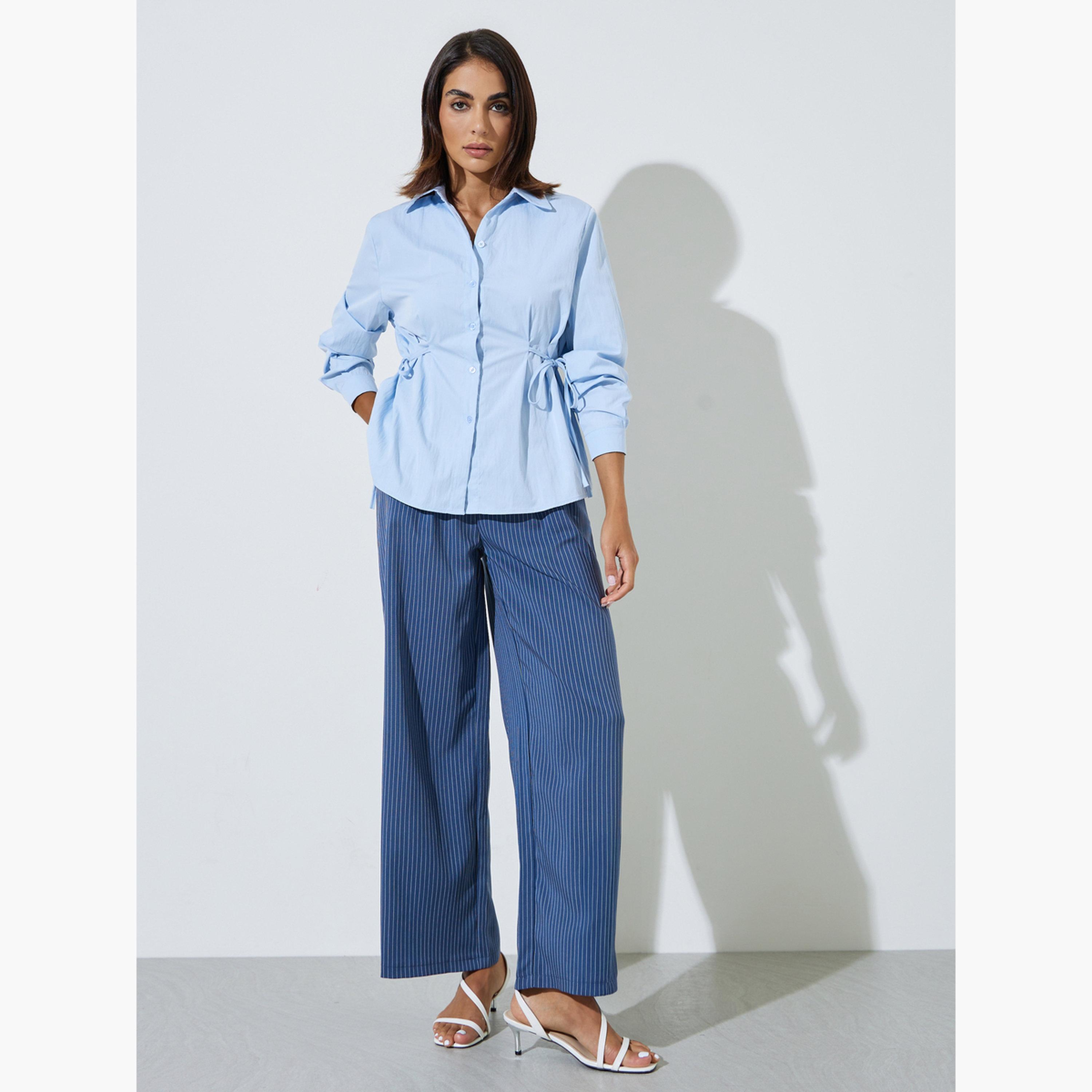 ستايلي - قميص أزرق فاتح بأكمام طويلة وربطة خصر-women-clothing-shirtsandblouses-shirts-image-2