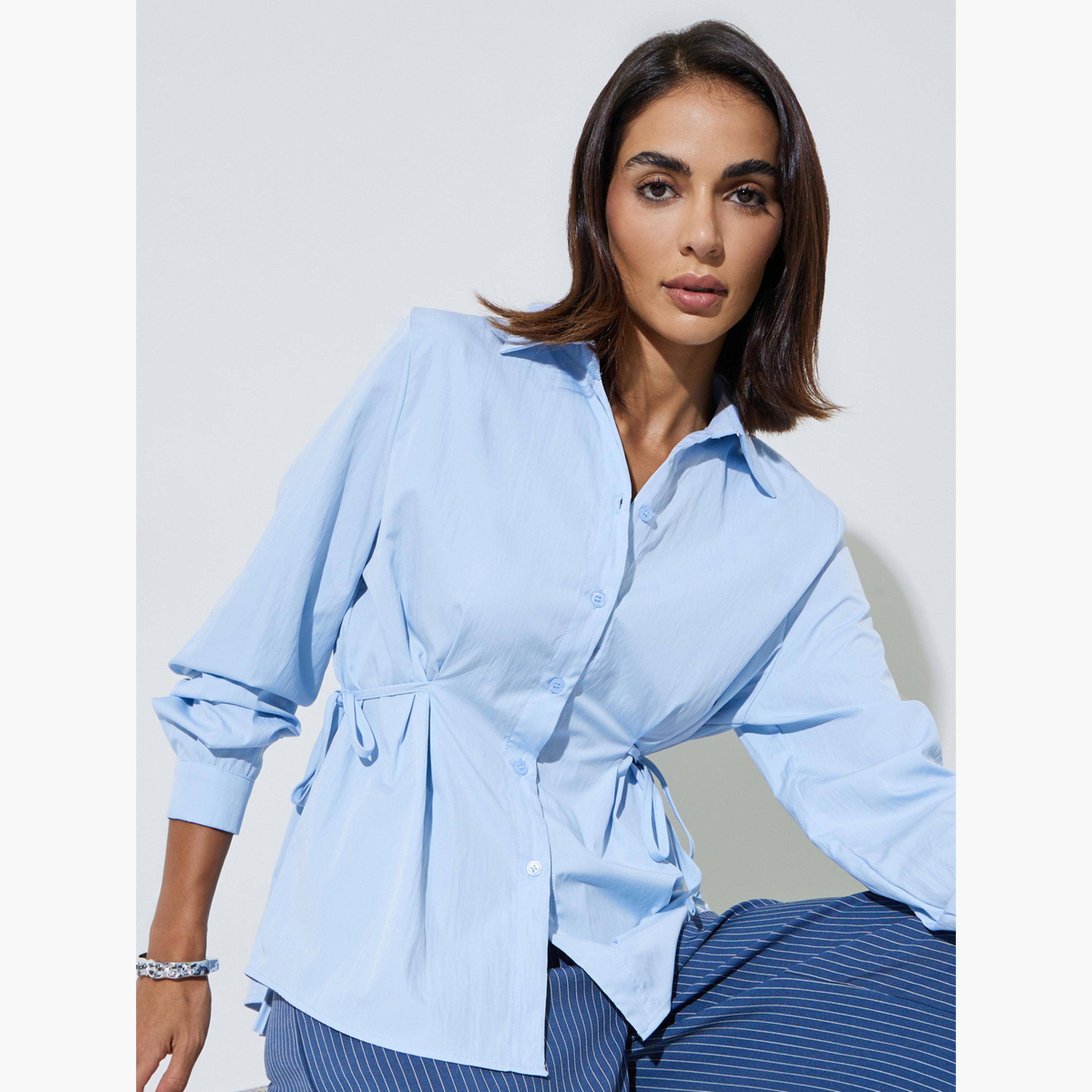 ستايلي - قميص أزرق فاتح بأكمام طويلة وربطة خصر-women-clothing-shirtsandblouses-shirts-image-3