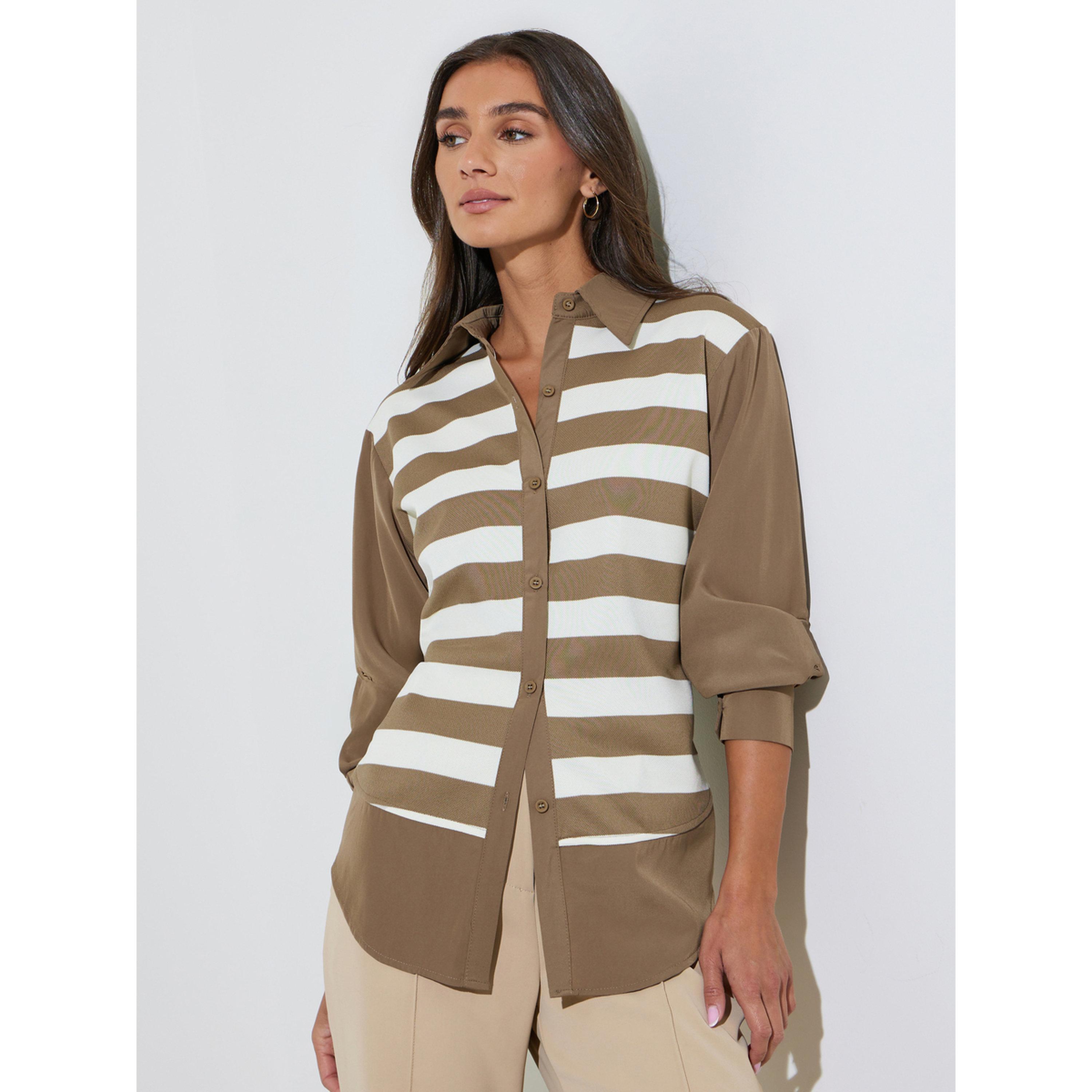 Styli Brown Striped Long Sleeves Oversized Shirt-women-clothing-shirtsandblouses-shirts-image-1