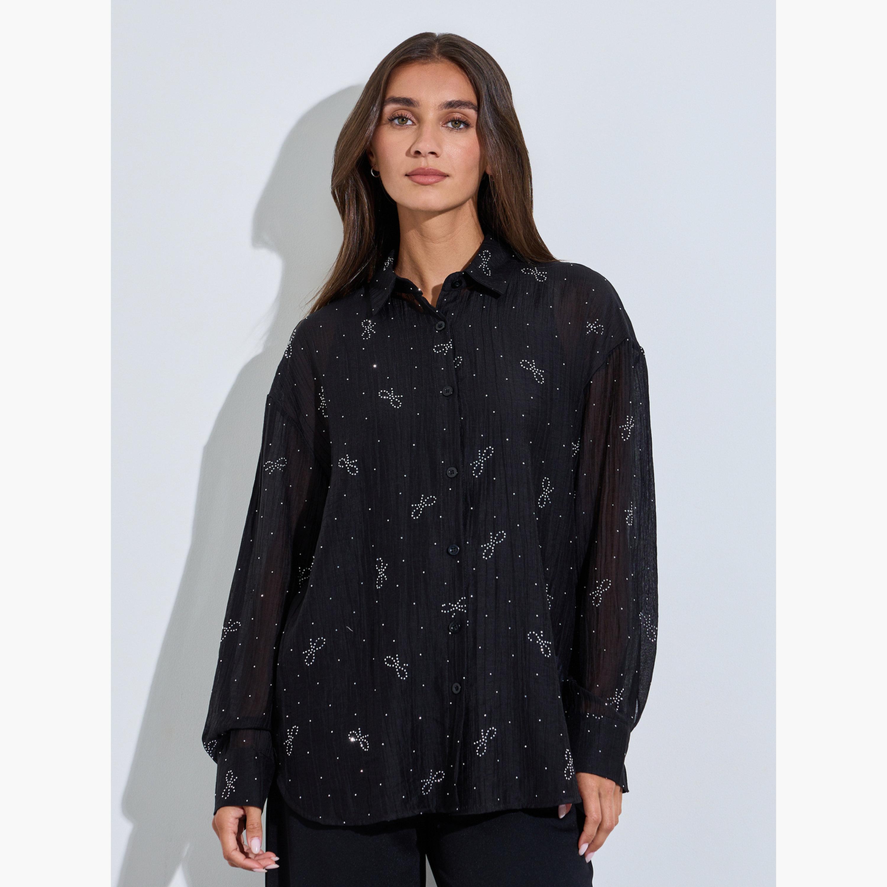 قميص واسع بأكمام طويلة وتفاصيل فيونكة لون أسود-women-clothing-shirtsandblouses-shirts-image-1