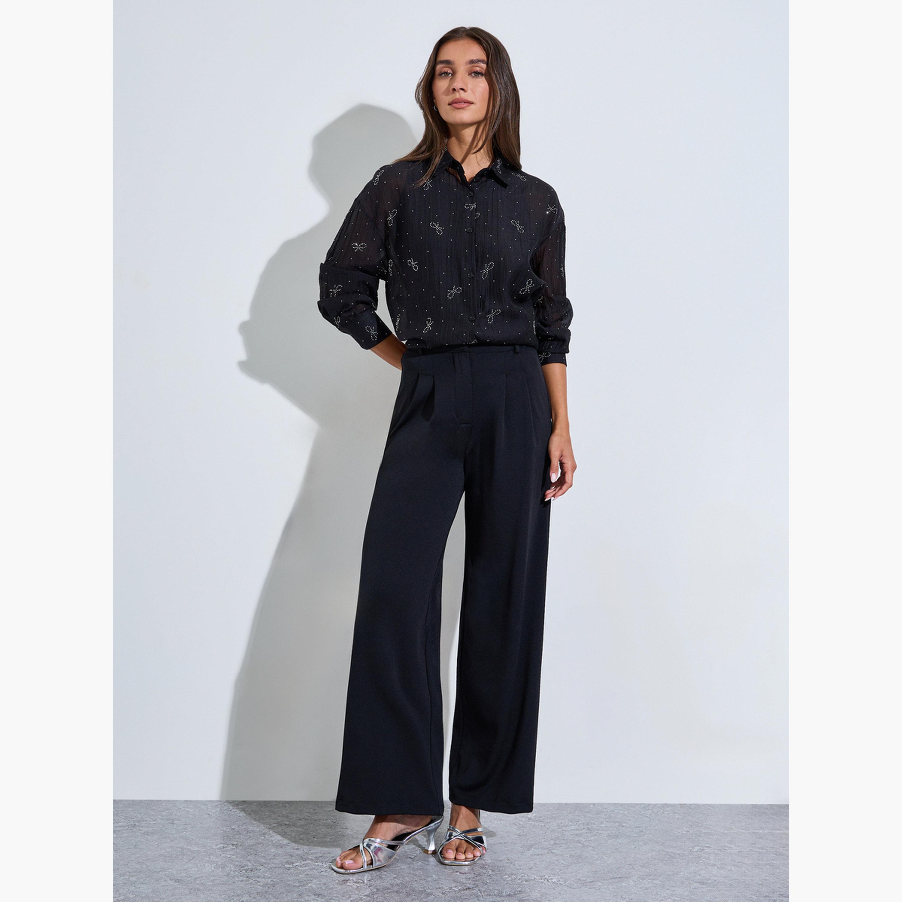 قميص واسع بأكمام طويلة وتفاصيل فيونكة لون أسود-women-clothing-shirtsandblouses-shirts-image-2