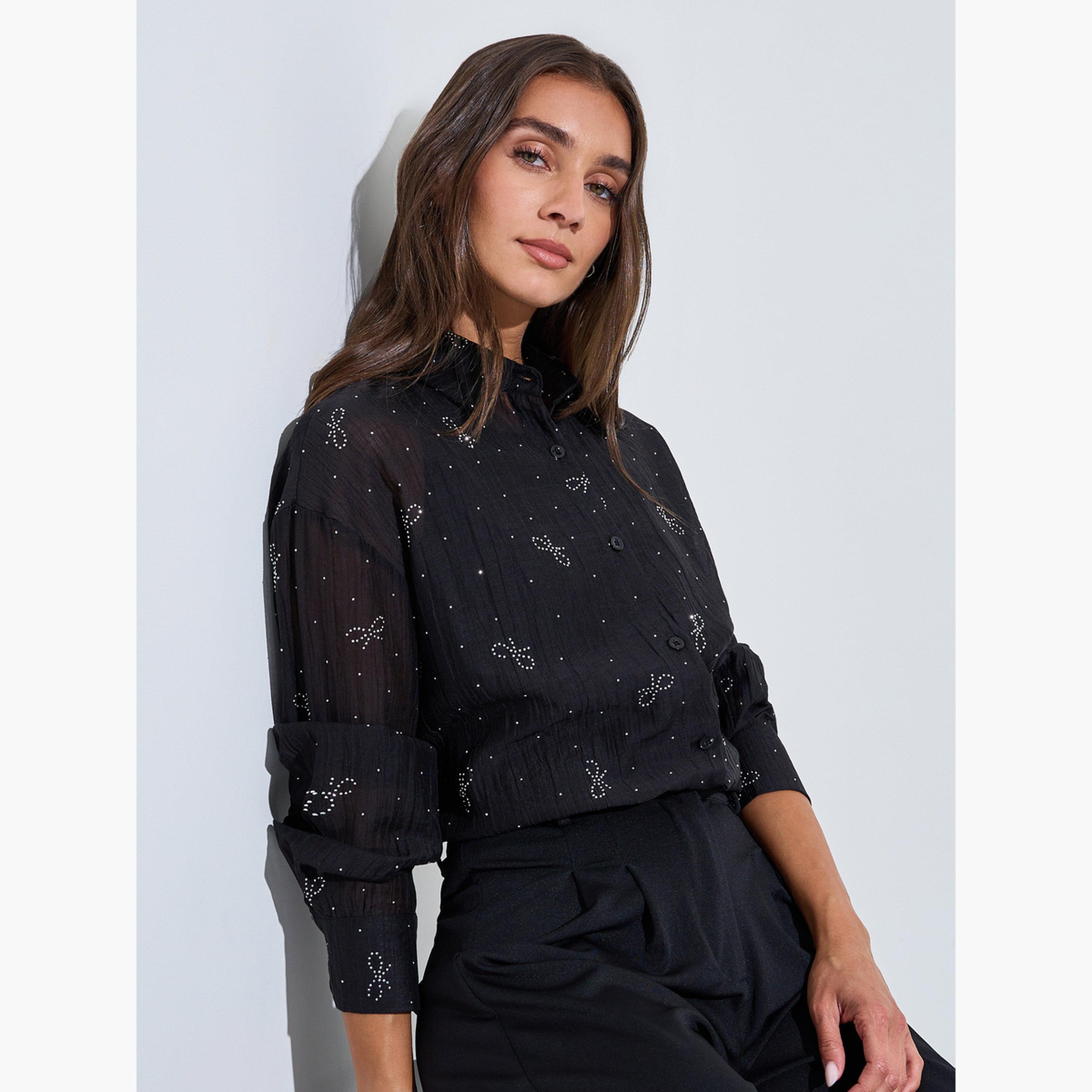 قميص واسع بأكمام طويلة وتفاصيل فيونكة لون أسود-women-clothing-shirtsandblouses-shirts-image-3