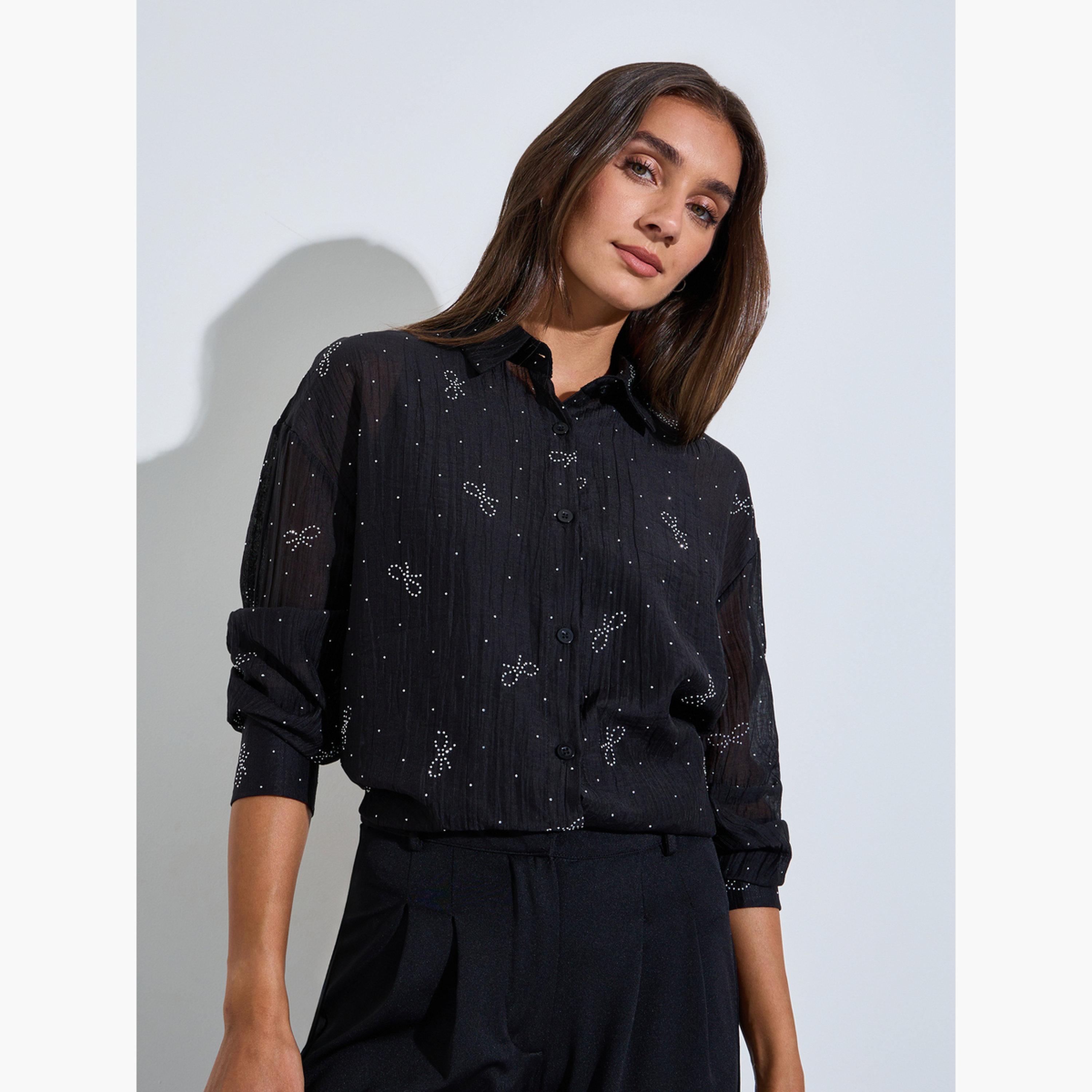 قميص واسع بأكمام طويلة وتفاصيل فيونكة لون أسود-women-clothing-shirtsandblouses-shirts-image-4
