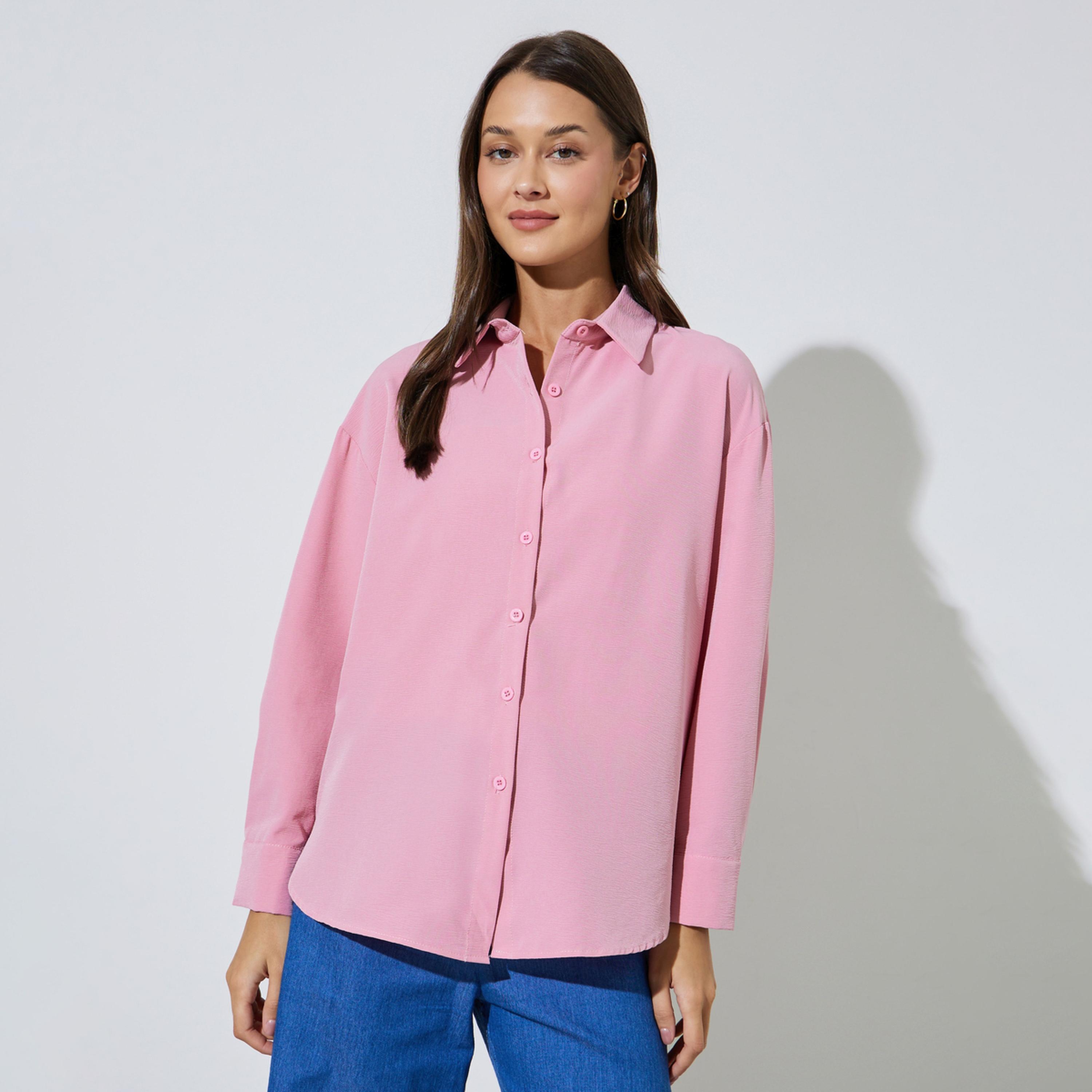 Styli Pink Solid Longline Oversized Shirt with Smocked Top-women-clothing-shirtsandblouses-shirts-image-1