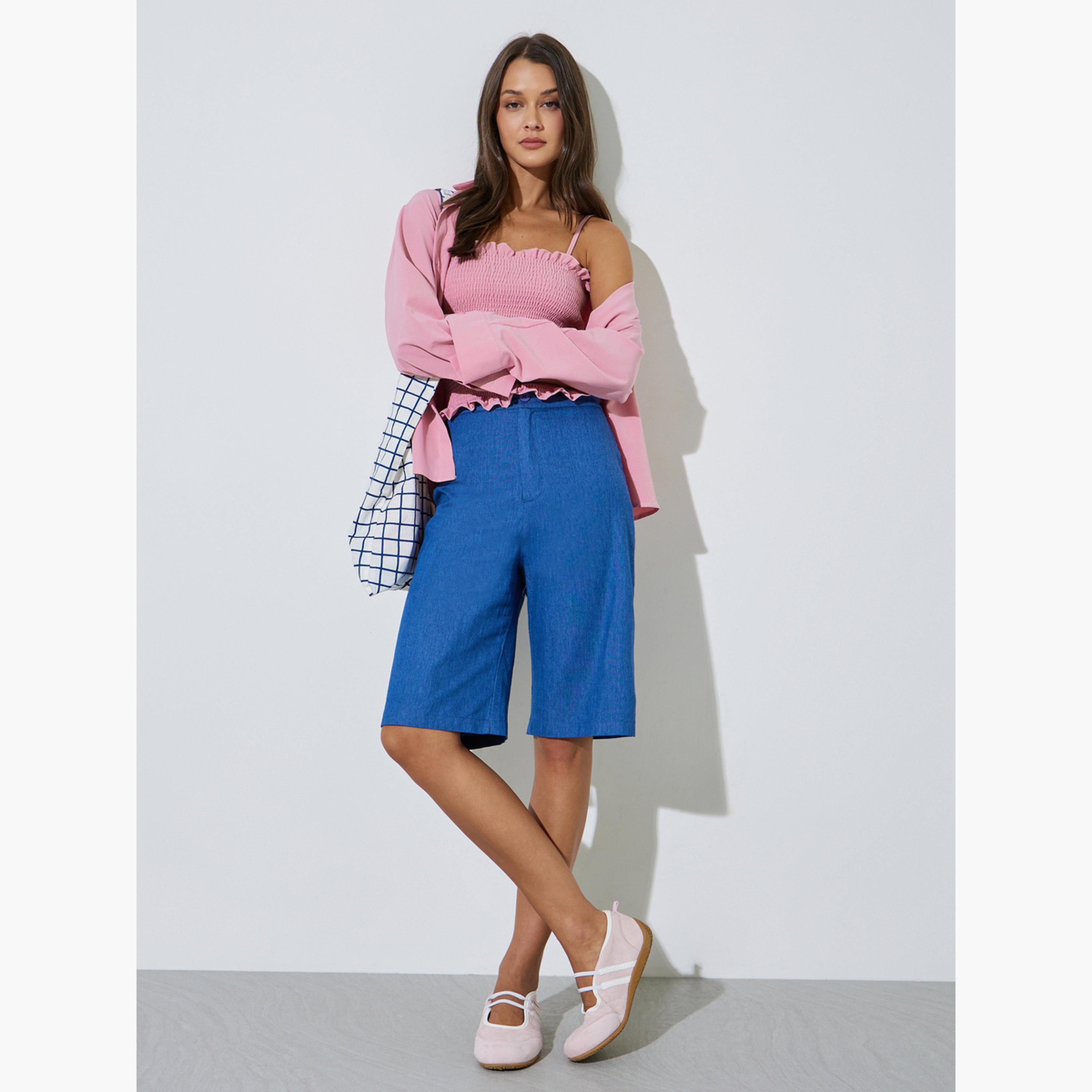 Styli Pink Solid Longline Oversized Shirt with Smocked Top-women-clothing-shirtsandblouses-shirts-image-2